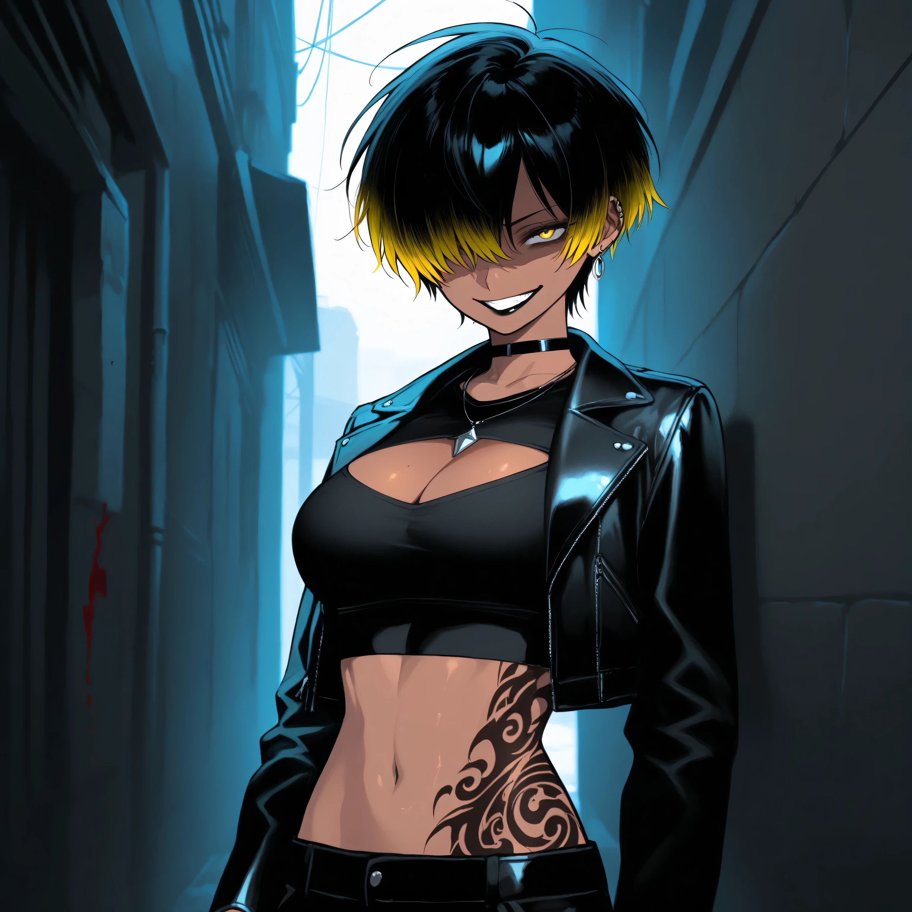 1girl, black short hair with a dark yellow gradient on the tips, tomboy, 1 girl, large breasts, black choker, yellow eyes, black necklace, tribal tattoo, many tattoos, earring, cleavage cutout, crop top, leather jacket, black lips, (tanned), evil grin, shaded face, alley, hair covering one eye night, blood,