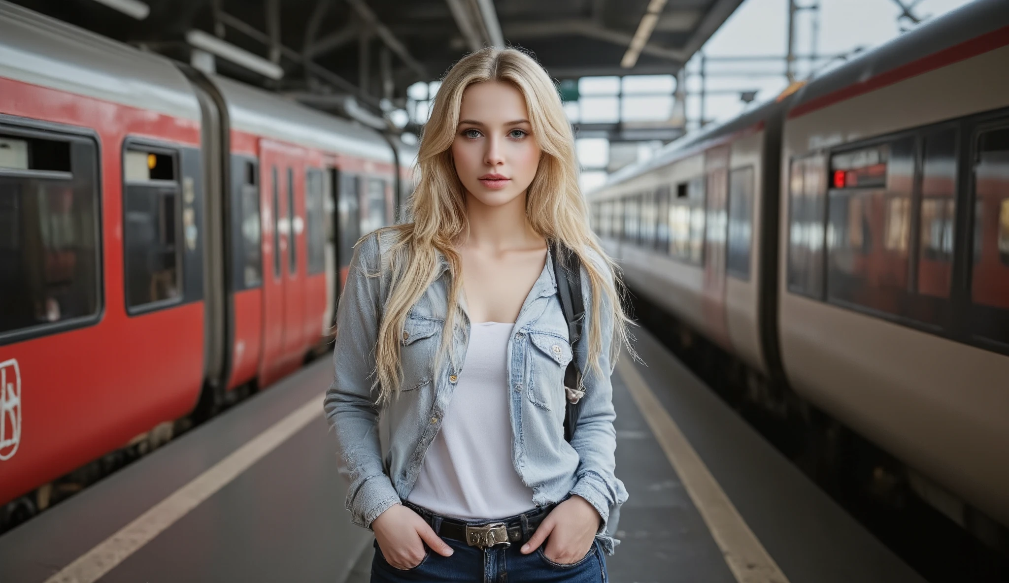 Very attractive woman, blonde, model, russian girlfriend, blonde hair, dark blue eyes. Facing the camera. Smiling. A beautiful young Western woman stands at a train station with a train in the background. She is wearing light travel clothes and carrying a small backpack. she stand up straight with chests and faces straight ahead. front and looking straight ahead like portfolio shot.
detail realistic skin texture, smiling face, Portrait above the waist. shoulder shot.
((masterpiece, highest quality, Highest image quality, High resolution, realistic photo)), 1girl, solo, beautiful young woman, 20yo, realistic skin texture.
