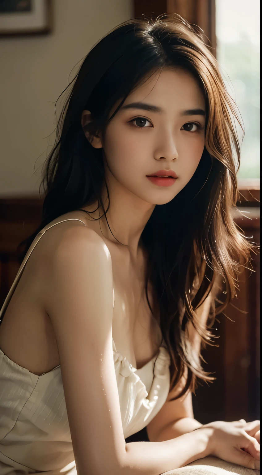 film portrait photography, 1girl, bare shoulders, wavy shoulder-length hair, serene, calm, (realistic detailed eyes, natural skin texture, realistic face details), soft dramatic lighting, depth of field, bokeh, vibrant details, finely detailed, hyperrealistic, 35mm film, hazy blur