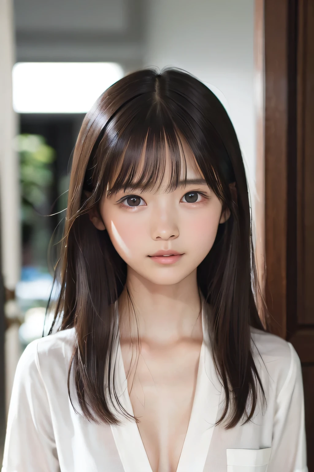 (8k, RAW photo, photorealistic:1.25), idol reproduced without any sense of incongruity , straight hair, slim body , bust up, (cleavage, naked shirt, school uniform, open shirt), as shown in the picture , (indoor, dark background, hotel bedroom), crying