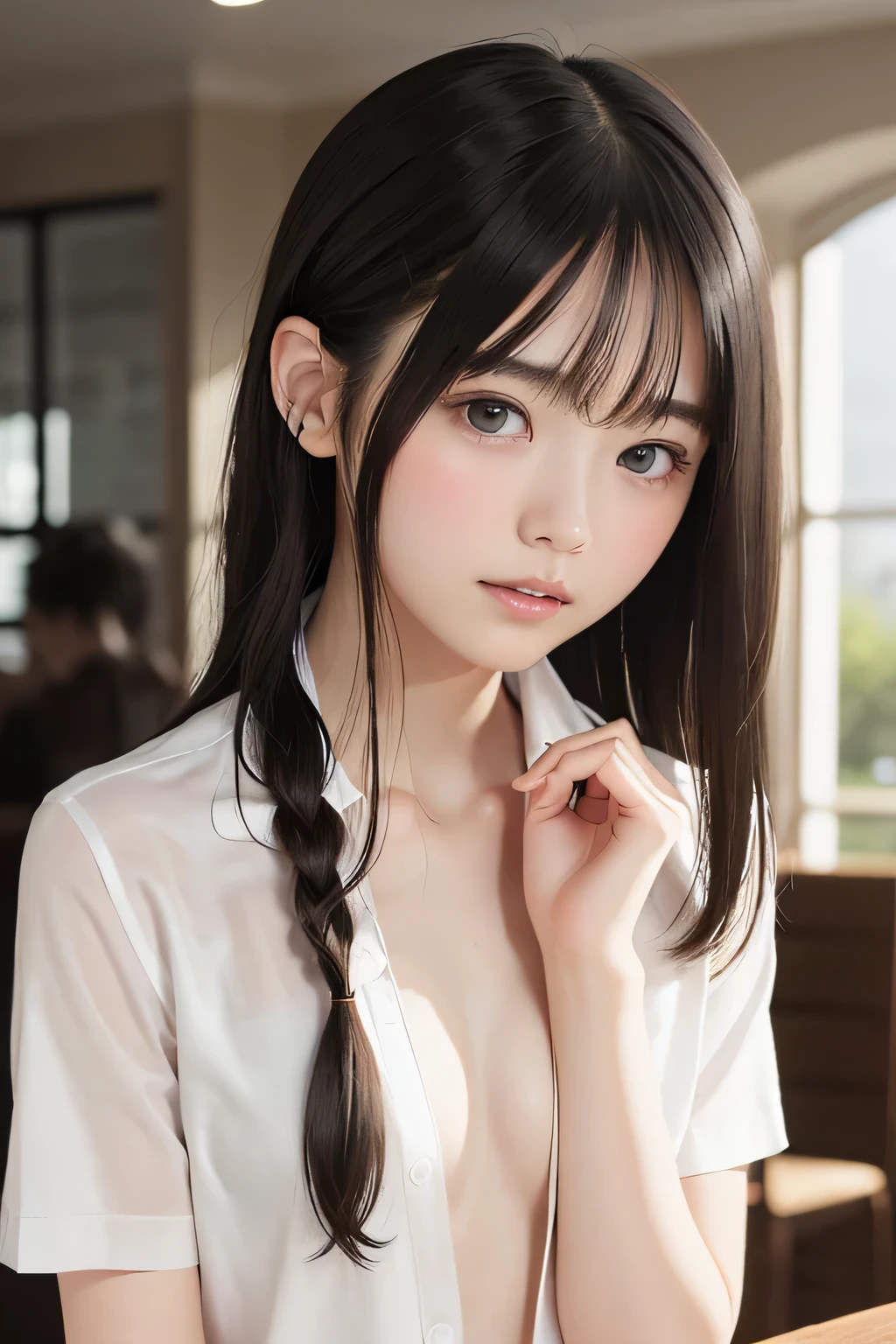 (8k,   RAW Photo ,   photorealistic:1.25), (  short braided hair ,  wet hair:1.5), (Chest, Naked Shirt,  nudes,  WHITE SHORT SLEEVE SHIRTS ,  open shirt:1.7), ( lip gloss,   eyelashes, Glossy surface, Glossy Skin,   top quality, ultra highres,    semi-long hair, Color Difference ,   caustics,   light in the classroom at night , Natural Shading,   kpop idol),  like a goddess、With a gentle and blissful expression, depth of field is permitted on ,  crying, tears, tear up, sorrow, (  DARK BACKGROUND ,  living room , kitchen:1.4)