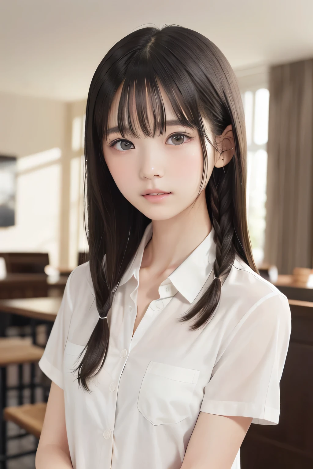 (8k, RAW Photo , photorealistic:1.25), ( short braided hair , wet hair:1.5), (Chest, Naked Shirt, nudes, WHITE SHORT SLEEVE SHIRTS , open shirt:1.7), ( lip gloss, eyelashes, Glossy surface, Glossy Skin, top quality, ultra highres, semi-long hair, Color Difference , caustics, light in the classroom at night , Natural Shading, kpop idol), like a goddess、With a gentle and blissful expression, depth of field is permitted on , crying, tears, tear up, sorrow, ( DARK BACKGROUND , living room , kitchen:1.4)
