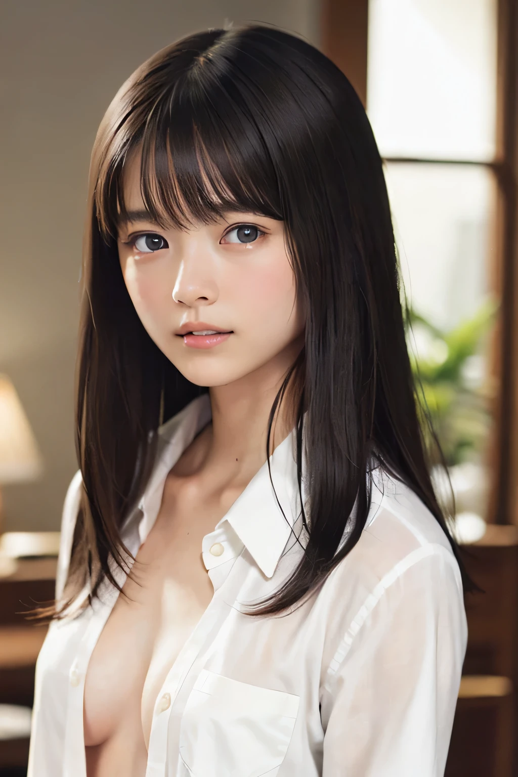 (highest quality, 8k, masterpiece ), An innocent 12-year-old junior high school girl
, Black Hair、Chest that looks like the shirt is about to tear、bangs:0.6,グラマーなThighs、The bra is visible、Very tight see-through uniform:1.4、mini skirt, Highly detailed face, double eyelid, Strong natural light、round face:1.2、whole body、Thighs、loafers、round face、Horizontal angle,Side Angle:1.2