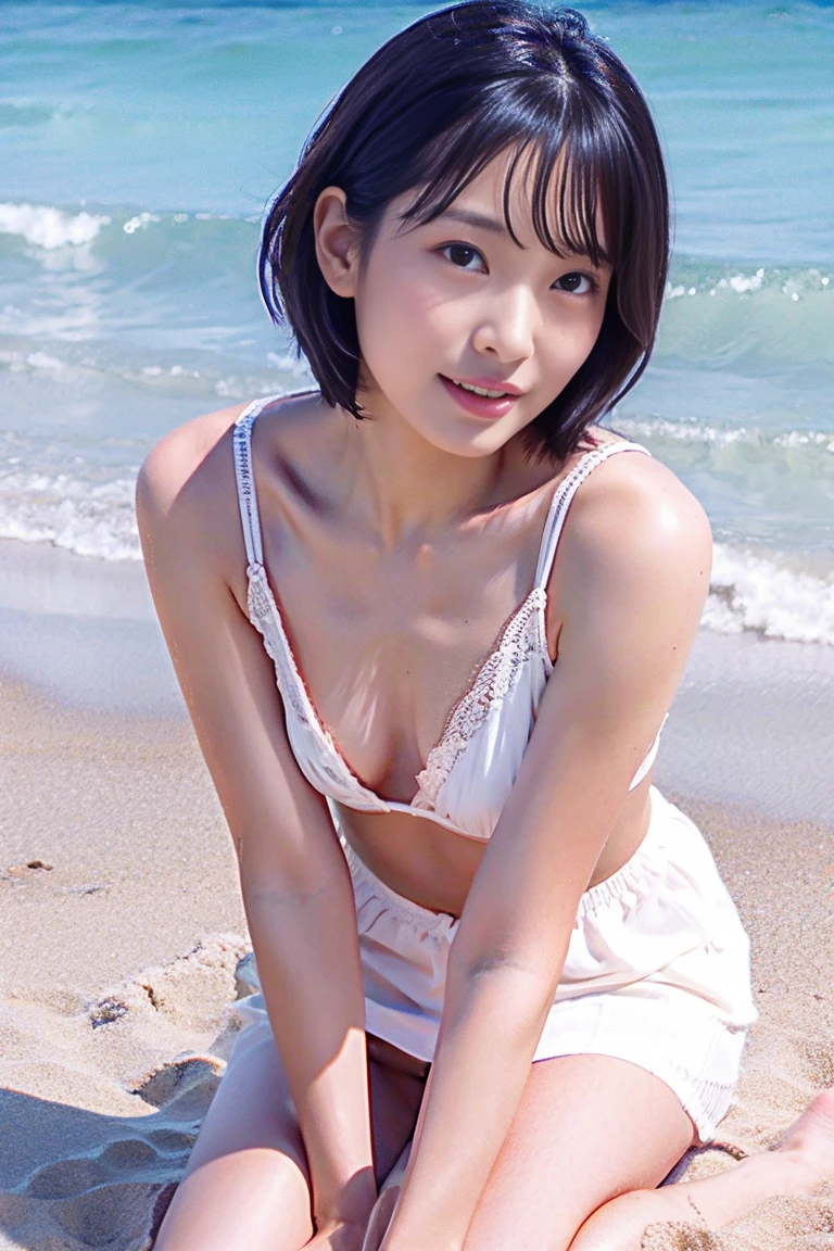 (highest quality,masterpiece:1.3,ultra high resolution),(Super detailed,caustics,8K),(realistic:1.4,RAW shooting),Japanese,25 years old,cute,Plump body、Unbalanced and very large breasts、big pretty ass、ripped abs、thin waist、Looking at camera with a smile,Black hair fluttering in the wind,short hair,duck mouth,natural makeup,White erotic underwear,I was surprised when someone spied on me while I was changing.、From the back、bust up shot,The sea sparkles as it reflects the sunlight.,warm light,Natural light