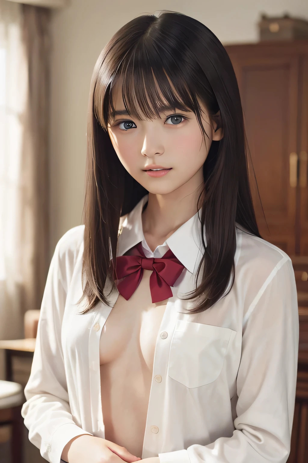 (table top, highest quality:1.2), 8K, official art, RAW photo, full board building 4、uniformの前が開いている、Commuting to school、Beautiful breasts are thin、14 years、、incredibly ridiculous, (Upper body、uniform:1.4), beautiful girl, cute face, turn back,、gold ornaments in hair、close, sailor suit, short sleeve, Biolace, Ten generations, looking at the viewer, film grain, chromatic aberration, sharp focus, face light, dynamic lighting, cinematic lighting, Eye and face details, background bokeh,(both breasts protrude、裸のUpper body、chest exposed、thin、small and beautiful breasts、exposed nipples、bright hotel room、sitting、daytime、baby face、smile、The whole body glows:1.5)