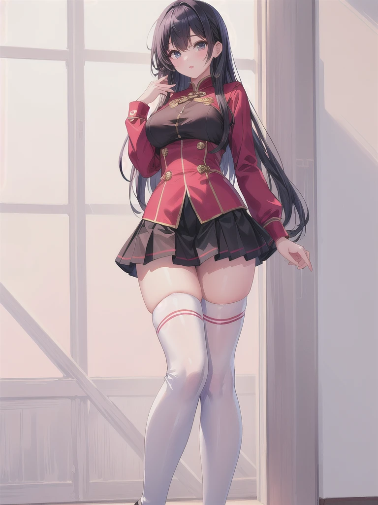 (Tohsaka Rin1.5),best quality ,masterpiece,solo,1girl,black hair,blue eyes,a dress with long sleeves,pantyhose,lift up the dress,panties under the pantyhose,looking down,legs focus,evil smile,blush,open mouth,sweating,small lady serenity,big breasts,despise,steam,feet