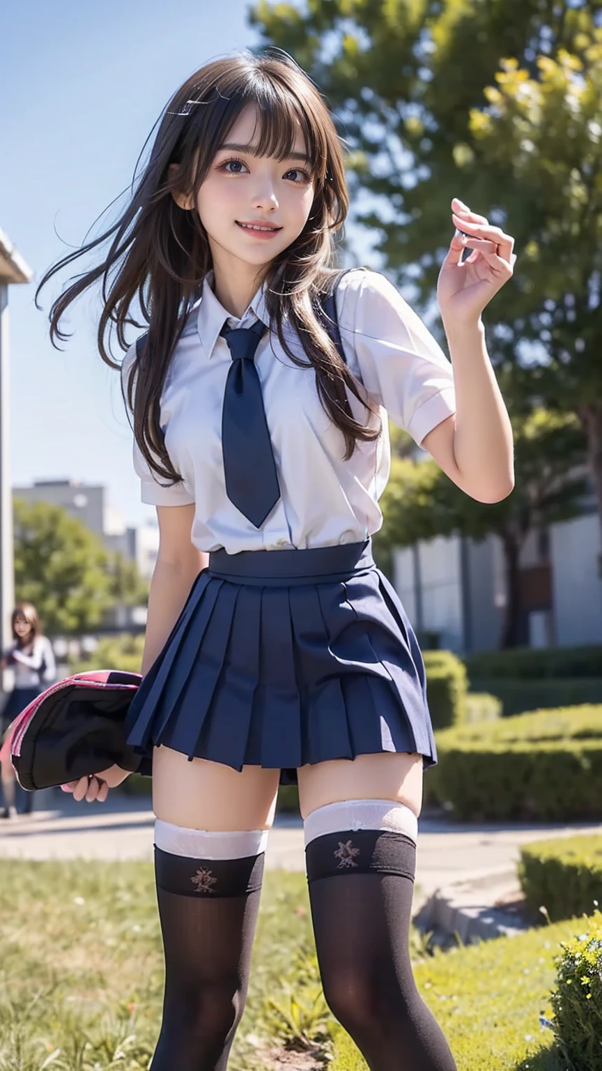 独奏　1人　(８ｋ　ＵＨＤ　Raw photography、top-quality、​masterpiece:1.45) (Raw photo:1.2), (Photorealsitic)　a picture　realisitic　blue-sky　a park　　Girls' High School Uniforms　Smiling Woman　（skirt rift)　(skirt lift by yourself)　white  panties　panties focus　Show white panties、Flip the skirt