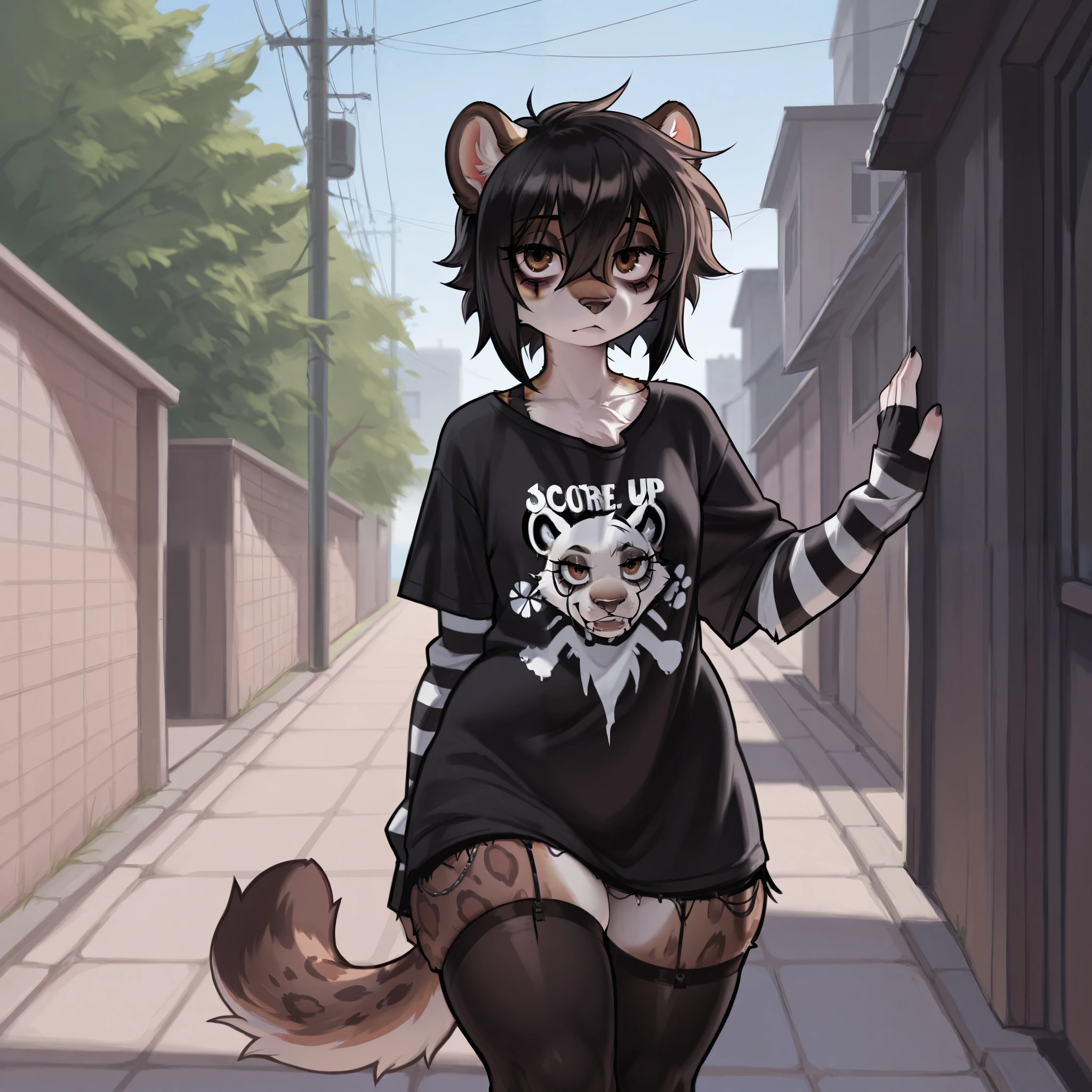 Bobcat furry, curvy, bobcat, bobcat features, woman, feminine, dark clothes, emo, emo style, outside, standing, brown eyes, thick eye lashes, eye bags.