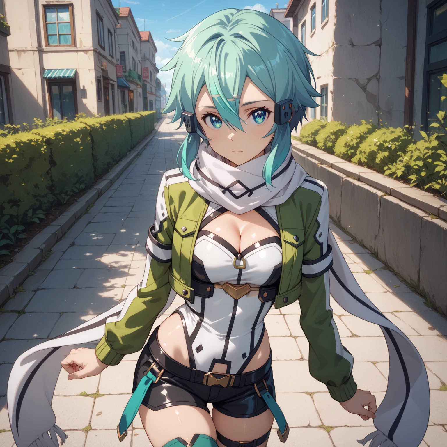 full body shot, <lora:sinon:0.8>, sinon, breasts, aqua hair, hair ornament, shorts, scarf, boots, <lora:breastsizeslideroffset:0.4>,
perfect lighting, (masterpiece:1), (best_quality:1), ultra high res, 4K, ultra-detailed, photography, 8K, HDR, highres, (absurdres:1.2), (bokeh:1.2), professional photograph,