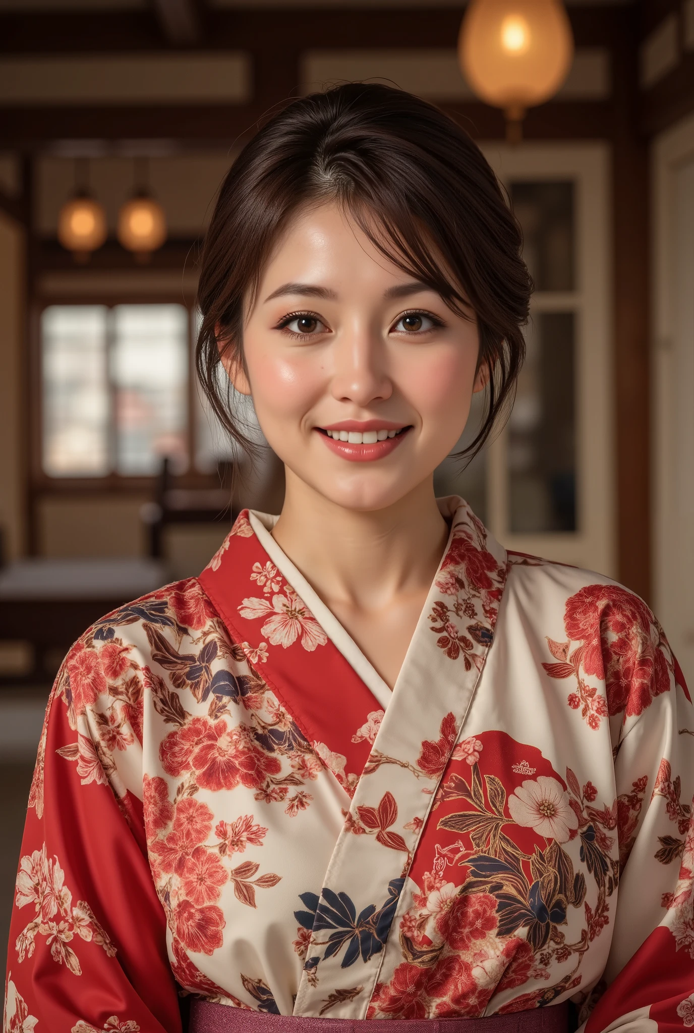 best quality, masterpiece, super high resolution, beautiful Japanese mature woman, Kind Face, green eyes, kind smile, Curvy Body, big boobs, updo brown hair, Japanese female Cloth Outfit, Japanese kimono, In Old Japanese-style Room, night:1.2,
