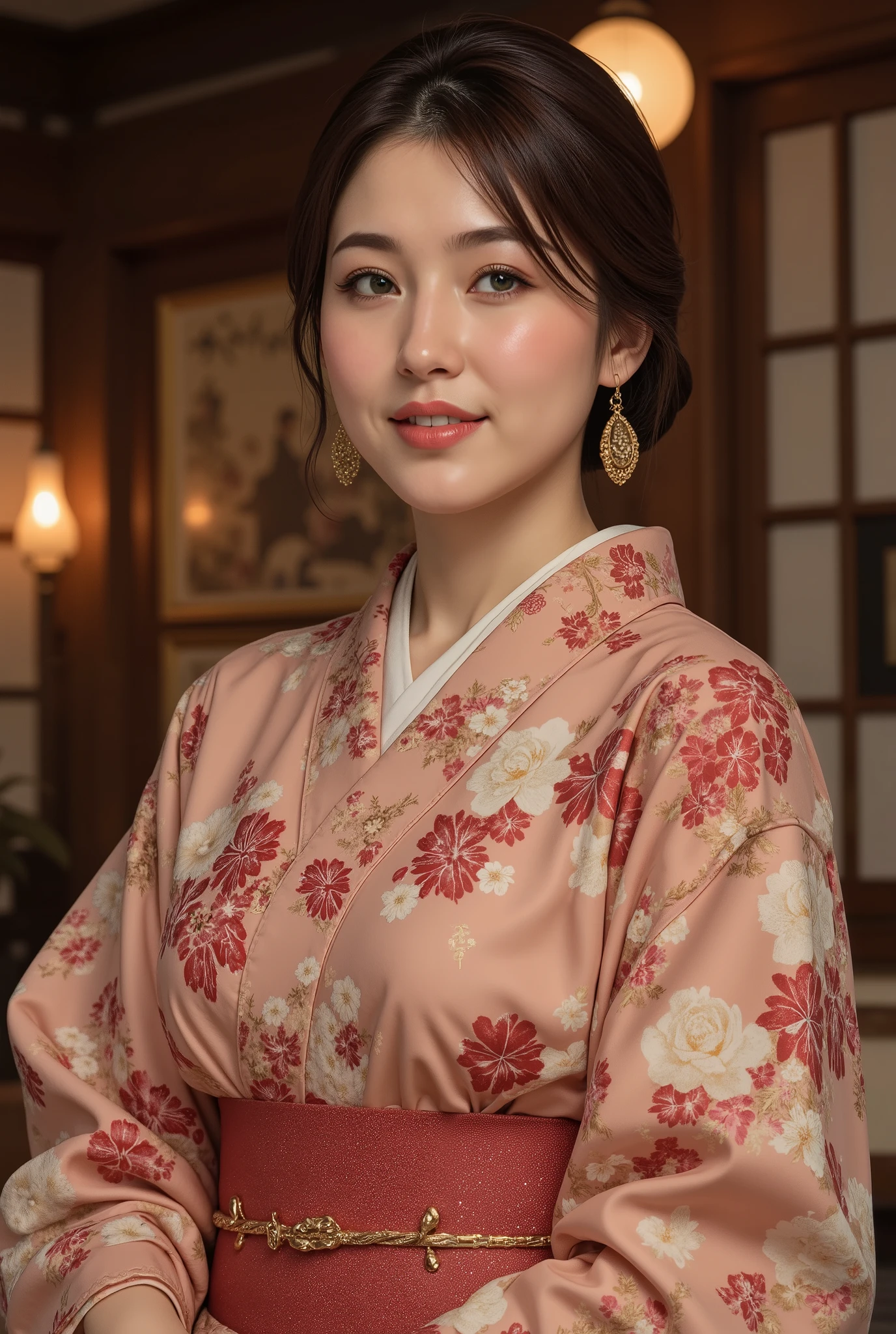 best quality, masterpiece, super high resolution, beautiful Japanese mature woman, Kind Face, green eyes, kind smile, Curvy Body, big boobs, updo brown hair, Japanese female Cloth Outfit, Japanese kimono, In Old Japanese-style Room, night:1.2,
