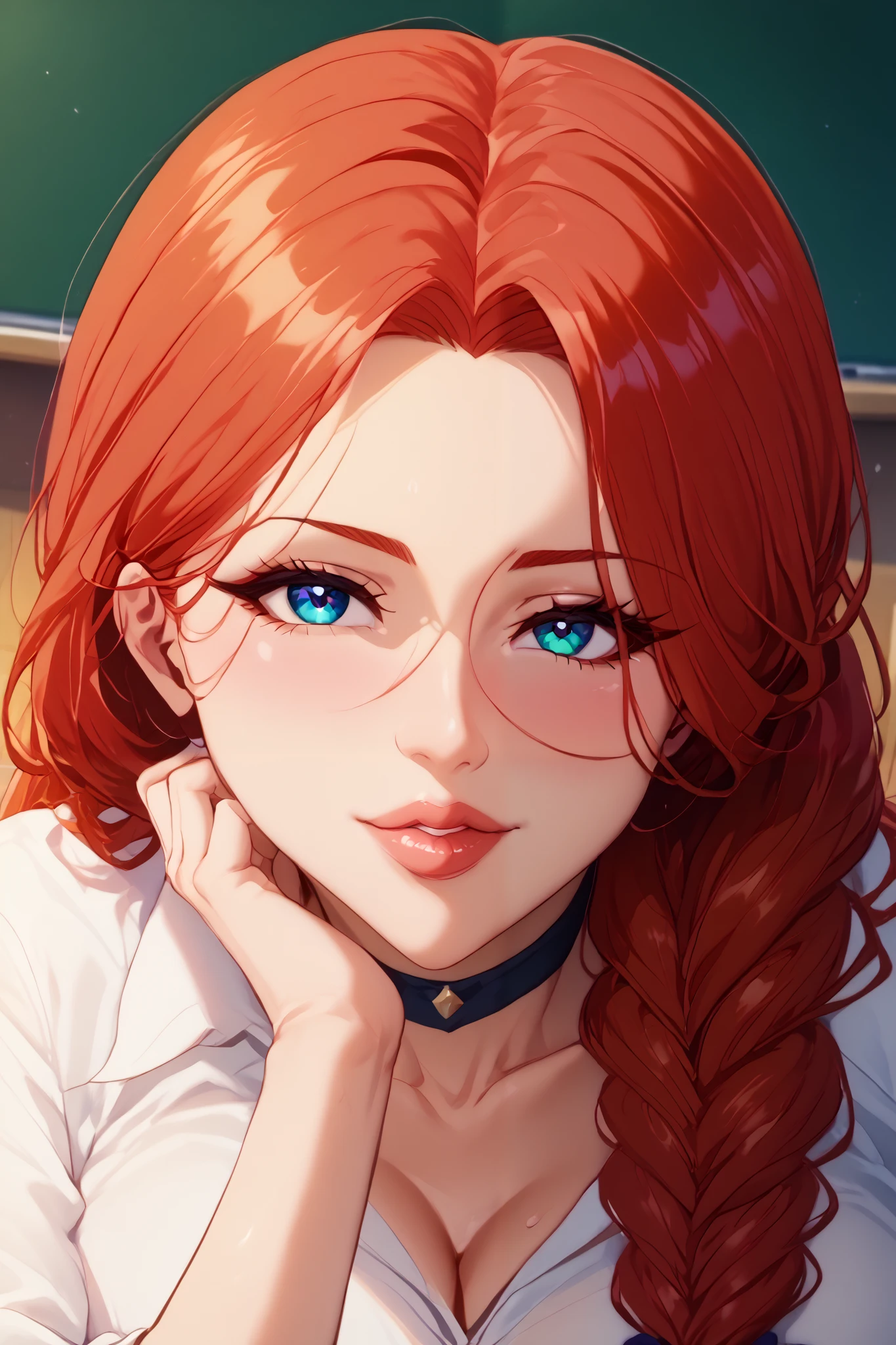 high resolution、 mature woman(30th Generation)、face(beautiful)、lips(Luscious ants)eye(Cut long)、eyeの色(Purple)、 long hair( redhead)、hair(curl)、face( show off your forehead )、Clean and beautiful、 style( Slender)、笑face、teacher、スーツ style( shirt (white)、 skirt(Midnight Blue)).feet(pumps).noon、sunny、classroom、 blackboard 、Scenery teaching students、dynamic angle, face focus, looking side