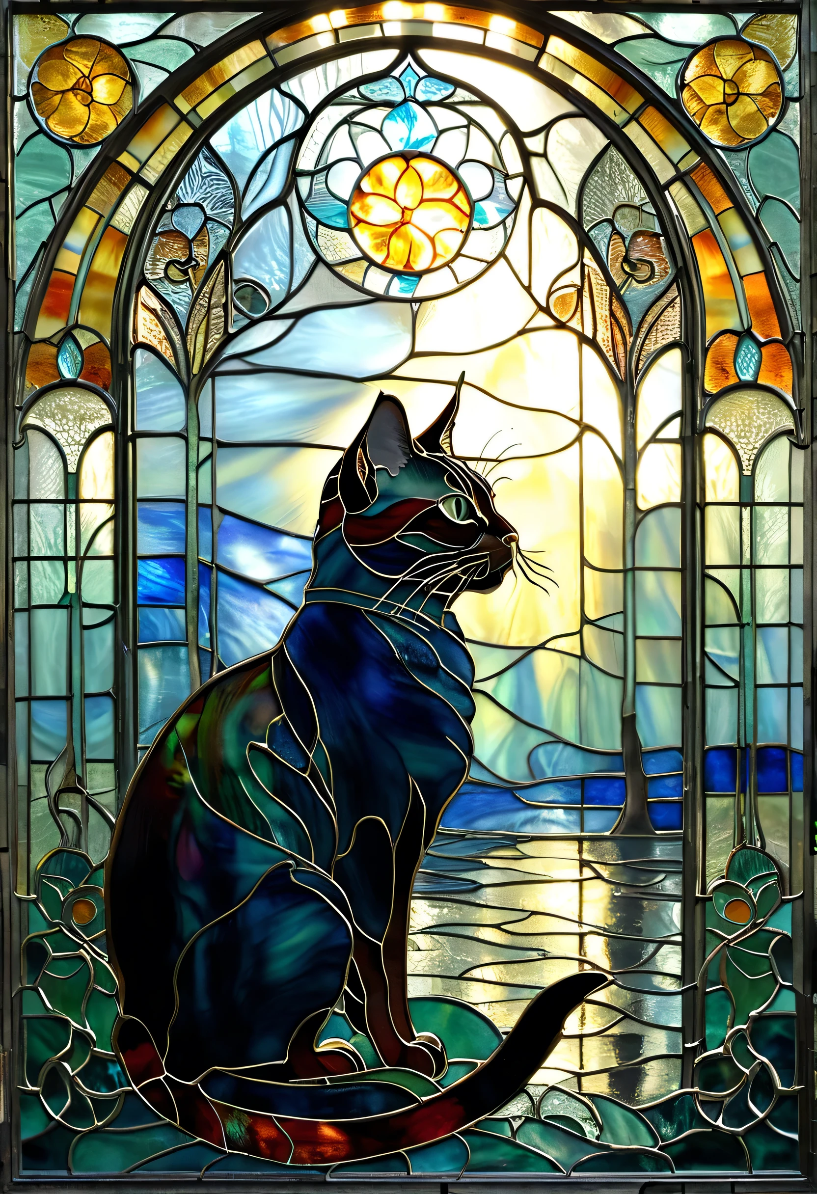 araffe silhouette of a cat in front of a Stained Glass window, by John Coffelt , pixabay contest winner , Art Nouveau, maxim verehin Stained Glass, on a Stained Glass window, backlit Stained Glass, Cat Silhouettes , Stained Glass art, Stained Glass, Stained Glass, “Dirty” , Stained Glass!!, mysterious cathedral window