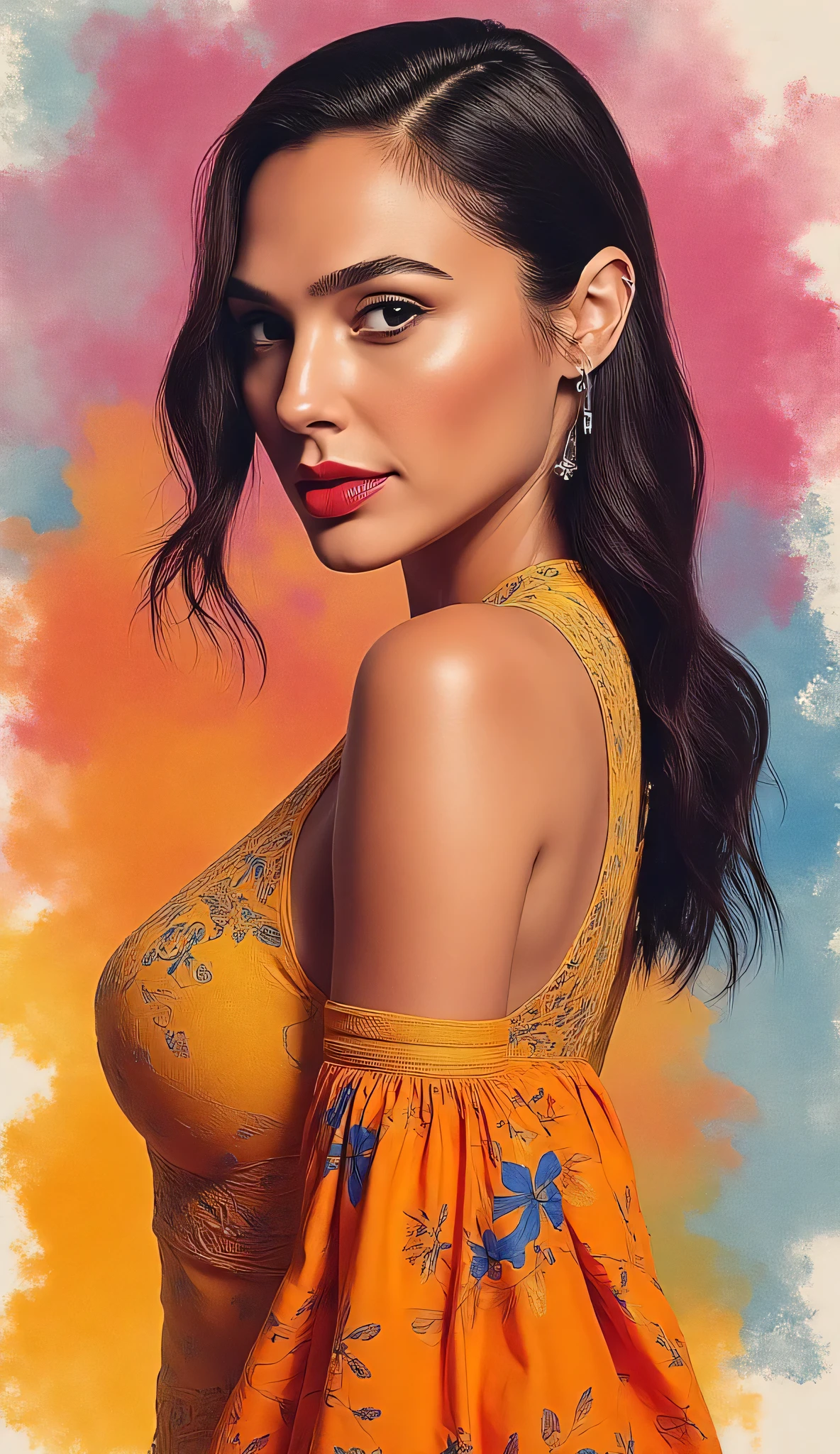 imagen discreet. with elegant clothes, discreet. , beautiful woman , ( hand drawn ). SHE IS SEDUCTIVE , con una ligera sonrisa discreet . IMAGES WITH VIBRANT COLORS . with colorful background