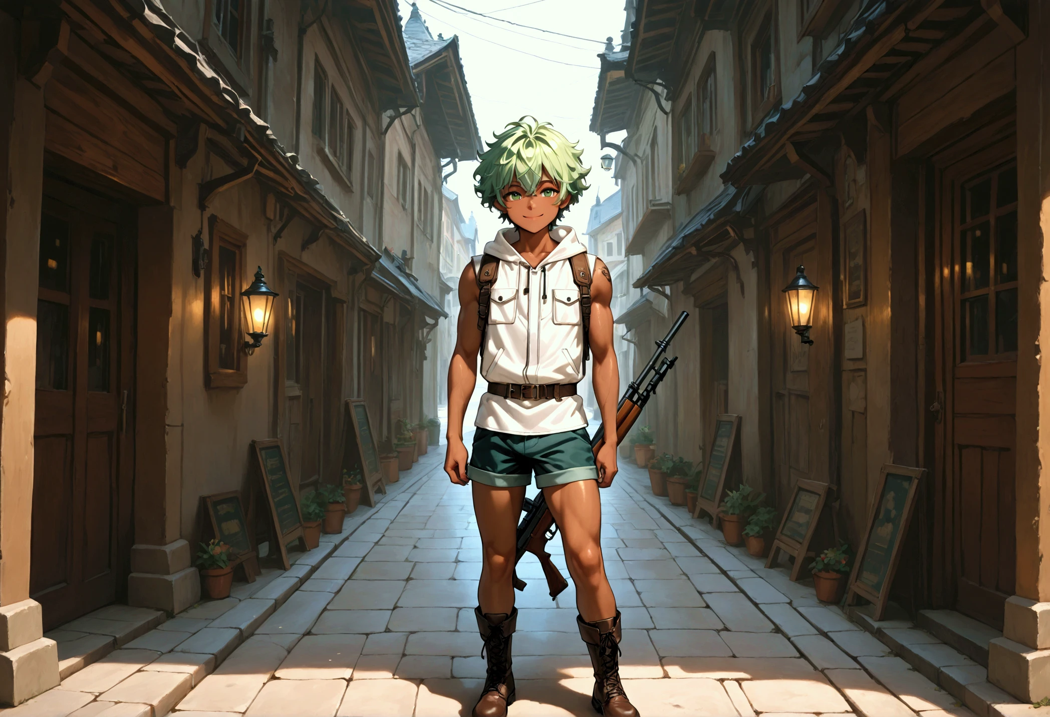full body view, character by Jamie Christopher Hewlett, war background, cinematographic --auto --s2