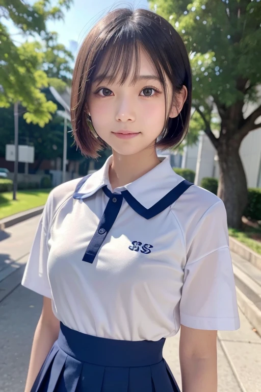 nsfw,One Girl、((Beautiful nipples)),,((Completely naked))、((White polo shirt and checked skirt、Junior High School Uniform))、,((flat chest)),((The background is a junior high school yard.))、high quality、Very delicate and beautiful、((Very short bangs))、((Bangs))、Shiny, silky black hair、最high quality、Very delicate and beautiful、((Medium Hair))、Cute face、Young face、Cute like an idol、Are thin、Slim figure、slender、Short、 System、((Lots of sweat))、Nice thighs、Photographed from the front、The best smile、Outdoor、blue sky、summer、Shooting from the side、Smile through your teeth、