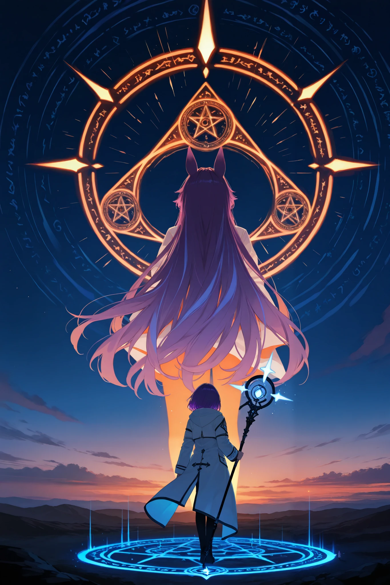 back view of a beautiful girl (long purple hair, wearing a flowing white coat, holding a glowing magical staff), standing on a luminous magic circle (blue glowing lines, intricate design), under a dramatic twilight sky (orange and pink hues fading into deep blue), starburst effects in the sky, dynamic lighting emphasizing the girl's silhouette, aurora-like streaks flowing across the night sky, particle effects surrounding the magic circle, 8k resolution, high detail, fantasy realism style, glow effect, dramatic scene, fantasy elements.