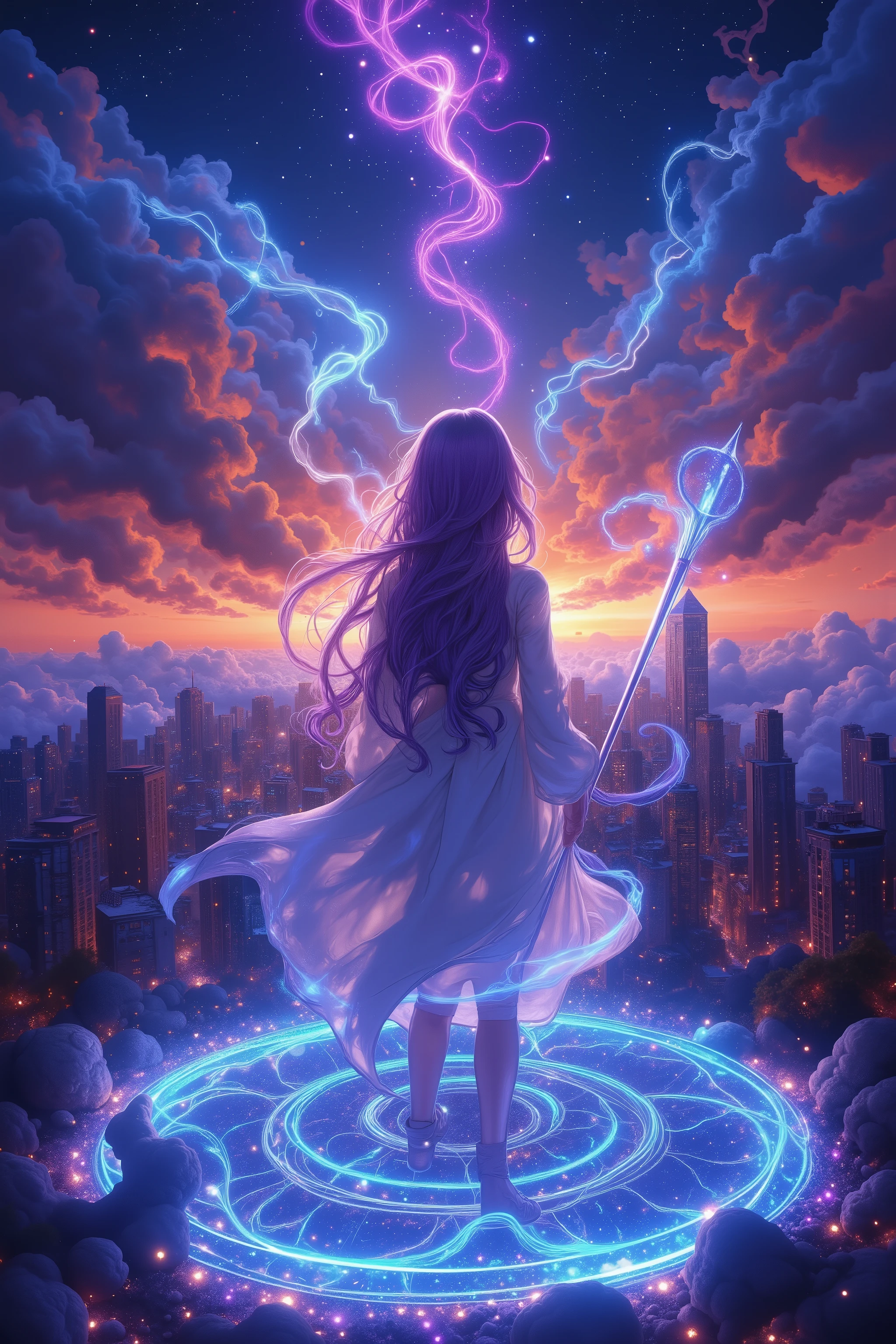 Back view of a beautiful girl with long purple hair, wearing a flowing white coat and holding a glowing magical staff, standing on a luminous magic circle with blue glowing lines and intricate design, under a dramatic twilight sky filled with orange and pink hues fading into deep blue, enhanced by starburst effects in the sky, dynamic lighting emphasizing her silhouette, aurora-like streaks flowing across the night sky, and particle effects surrounding the magic circle, all in 8k resolution and high detail, using fantasy realism style with glow effect and dramatic scene to highlight fantasy elements.