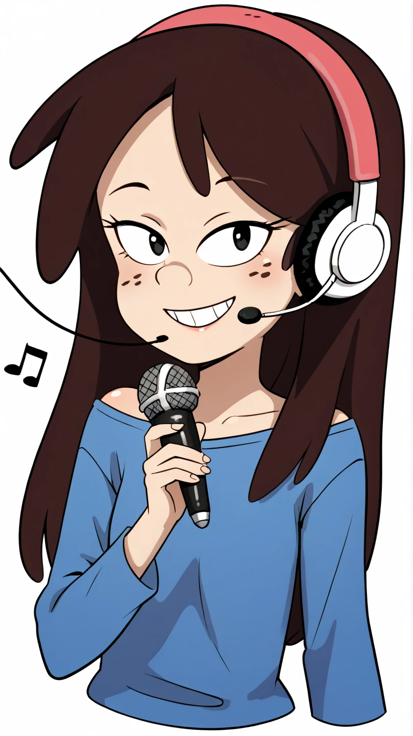 (((masterpiece))), ((best quality)), ((ultra-detailed)), (illustration), (detailed lig ht), (an extremely delicate and beautiful), source_cartoon, source_anime, 1girl, ,perfect eyes, brown hair, pink headband, black eyes, freckles, kirito, 1girl, headphones, long_hair, holding, microphone, long_sleeves, headphones_around_neck, looking_at_viewer, smile, lace_trim, black_shirt, brown_eyes, white_background, very_long_hair, upper_body, shirt, solo, lace