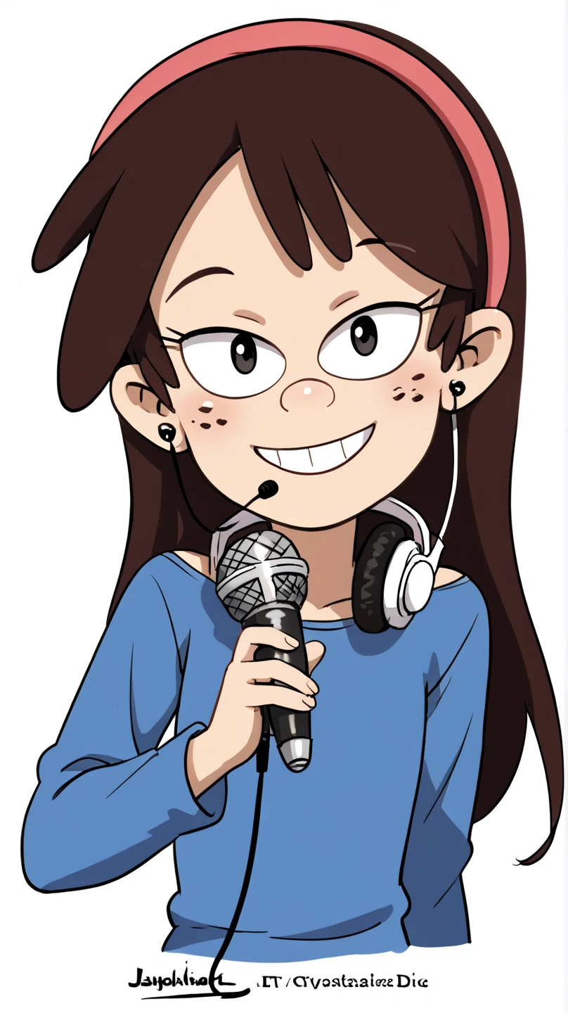 (((masterpiece))), ((best quality)), ((ultra-detailed)), (illustration), (detailed lig ht), (an extremely delicate and beautiful), source_cartoon, source_anime, 1girl, ,perfect eyes, brown hair, pink headband, black eyes, freckles, kirito, 1girl, headphones, long_hair, holding, microphone, long_sleeves, headphones_around_neck, looking_at_viewer, smile, lace_trim, black_shirt, brown_eyes, white_background, very_long_hair, upper_body, shirt, solo, lace