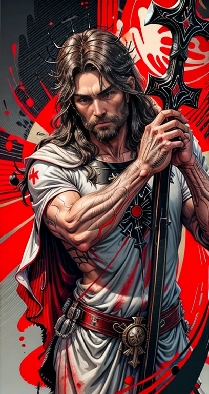 a statue of Jesus Christ, crown of thorns, eyes closed, blood running down his face, suffering features, (with beams of light in the background:1.4), sacred heart in the chest, Clint Cearley, a marble sculpture, thin, (cinematic:1.4), slate gray atmosphere, hyperdetailed, soft tones, insane details, low contrast,