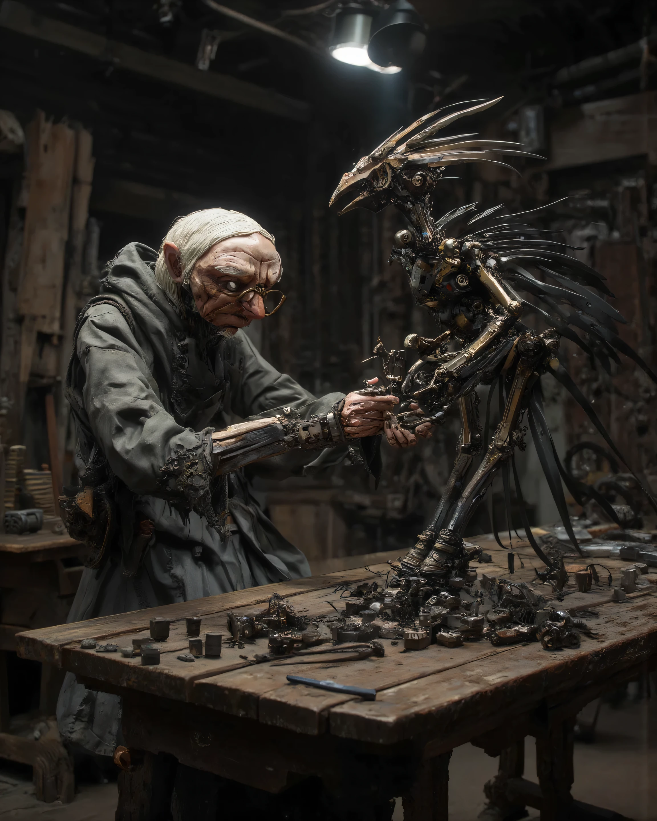 Gloomy workshop, elderly Caucasian man creates mechanical bird. Wooden table, tools, gears. Glasses, white hair, gaunt face. High angle, centered composition. Dim lamp, dramatic shadows, Tim Burton stop-motion style. Shallow depth of field, miniature model effect. Winged bird, dynamic posture, imminent movement. Mysterious, handcrafted atmosphere.