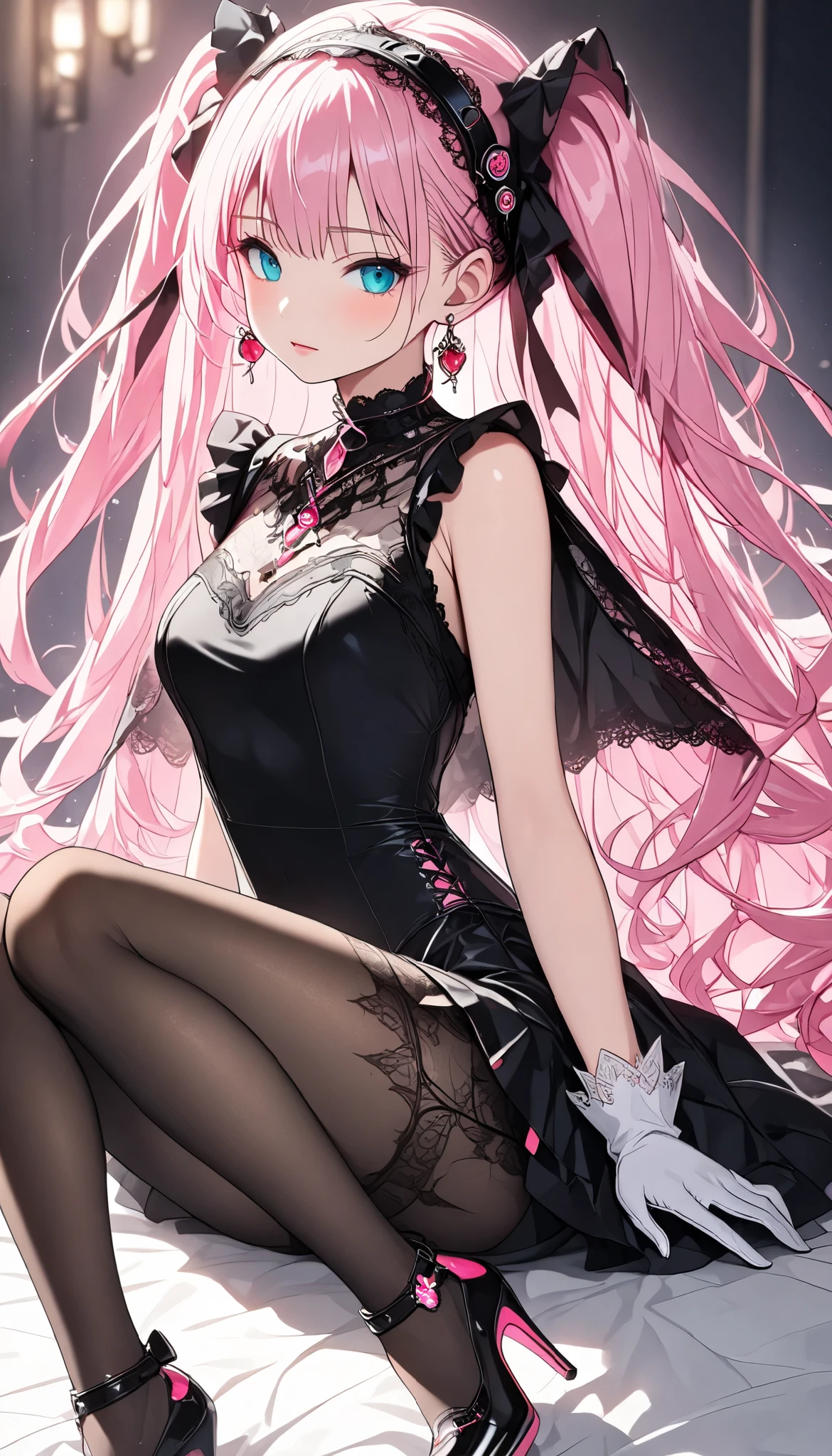 best quality, exquisite facial features, perfect face, bishoujo, ojousama, {{grey eyes}}, long pink hair, hime style bangs, lace trim, gothic, lace pantyhose