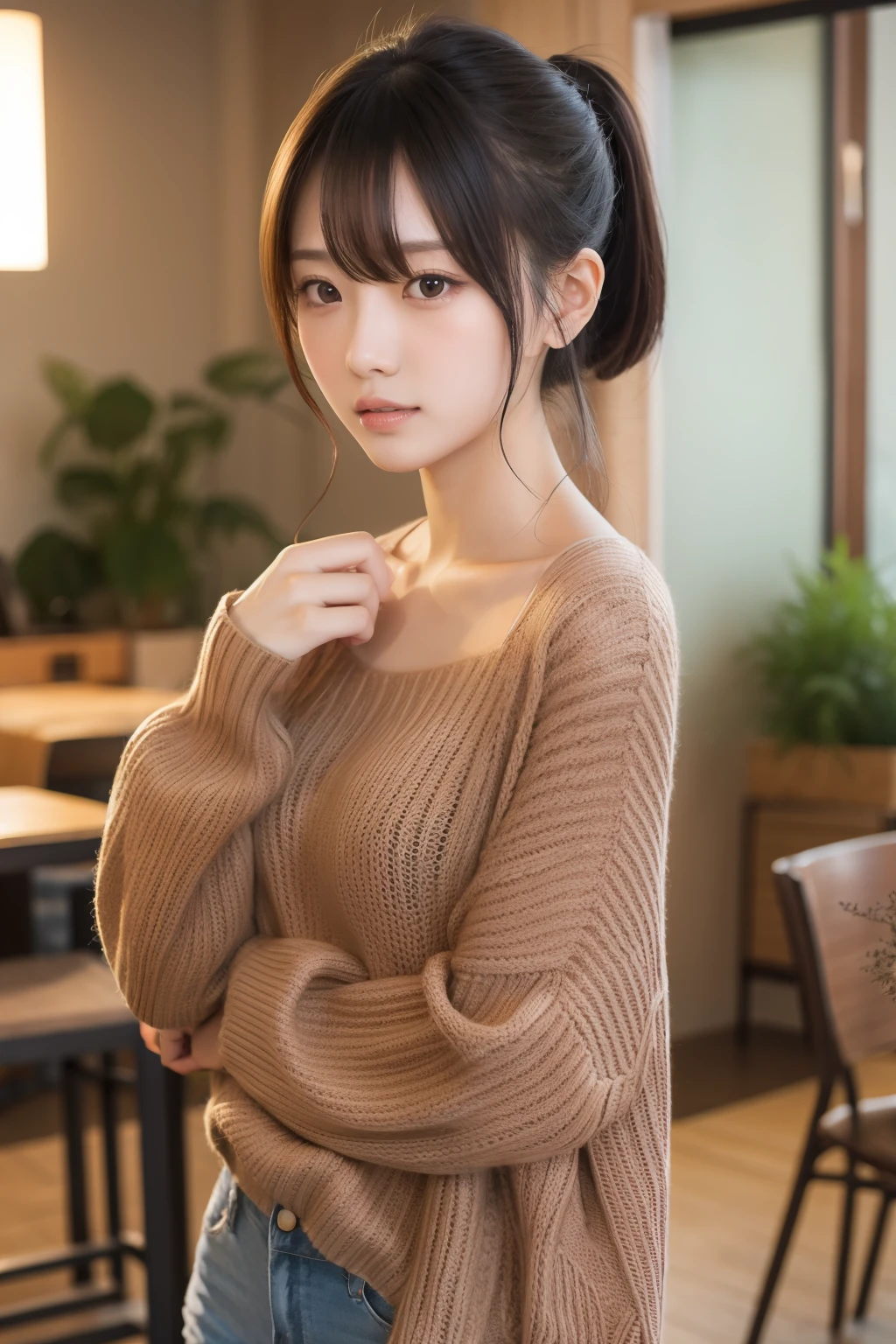 detailed face, cute face,brown eye, ((standing)) , (both hands on knee) , leaning forward , master piece , best quality , highly detailed , (matured female) , japanese