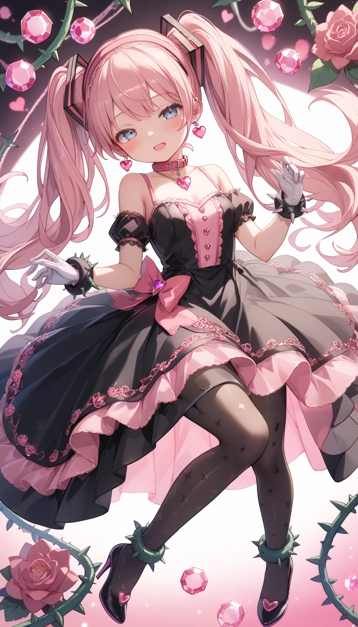 Hatsune Miku(Height: 160cm)((Cute lace processing on a black and pink headband. Cute little earrings with silver and pink gemstones. The pink collar has thorns. The black one-piece dress has lace up on the chest with a pink string and cute triple pink frills on the shoulders, and the passionate black and pink miniskirt has four layers decorated with cute frills and high-quality lace. The long white gloves have two cute pink jewels decorated with lace. The pantyhose that reach above the knees are pale pink and have a lace pattern. Black and pink high heels decorated with small silver and pink jewels))、((Very beautiful breasts:0.5)) (18 year old beautiful girl)(blush) masterpiece、 see here、((half-closed eyes, sexual meanings))((1 women over))((Front view)、 full body view、