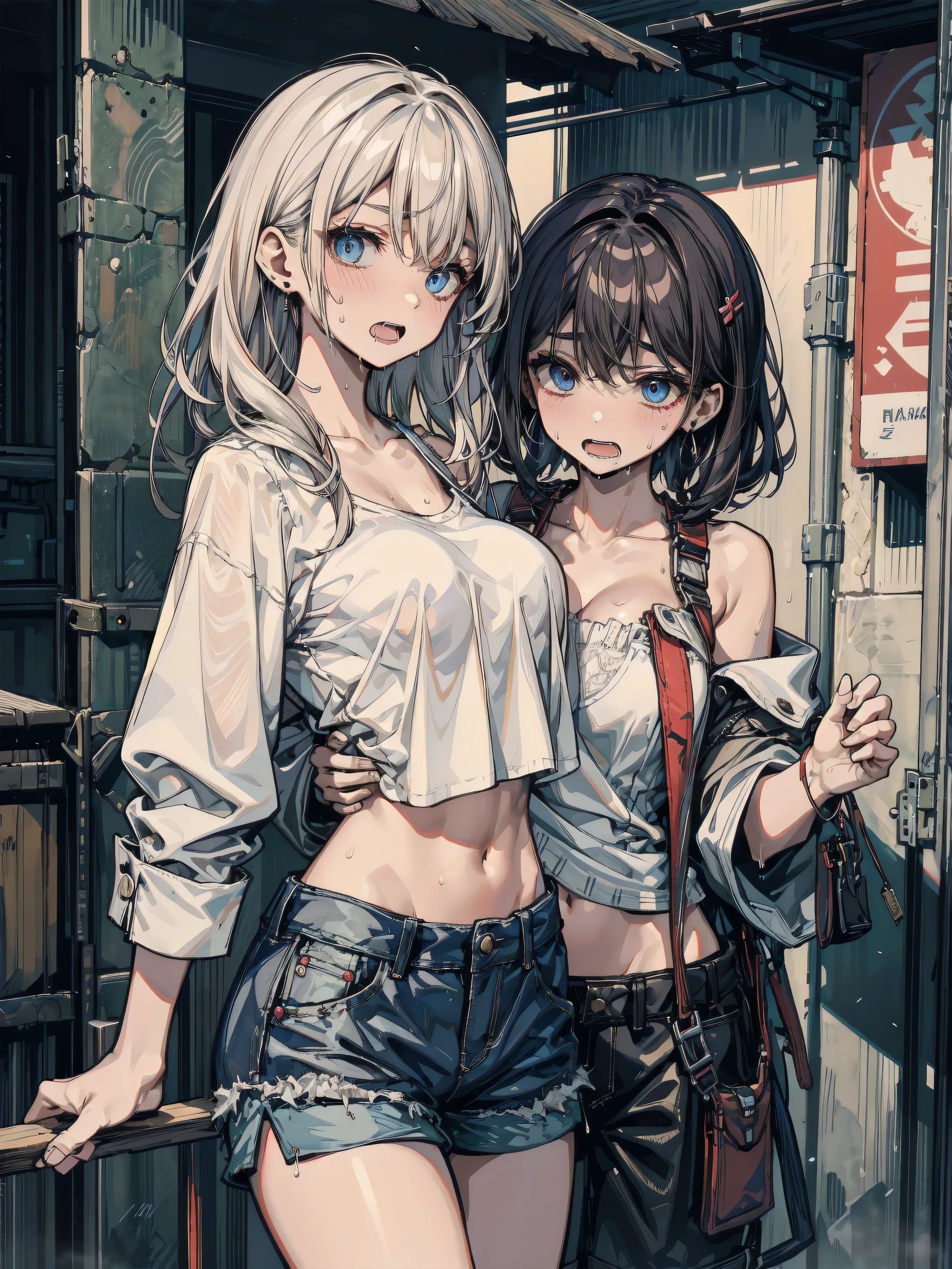absurdres, RAW photo, extremely delicate and beautiful, masterpiece, Best Quality, ultra high resolution, 32k, hyperrealistic, ultra-detailed, detailed description, perfect figure, perfect shape, perfect anatomy, pale skin, 20 years old, detailed beautiful face and eyes, tearful mole, earring, short medium hair, wavy hair, big tits, yuri, 2 girls, golf uniform, polo shirt, shorts,