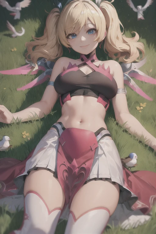 Sweetheart anime style, a girl, laughing happily, beautiful and beautiful, short hair, fashionable clothes, delicate figure, (perfect curves), shorts, white socks, super clear picture quality lying on the grass, super fine picture, super low noise, extremely detailed cg