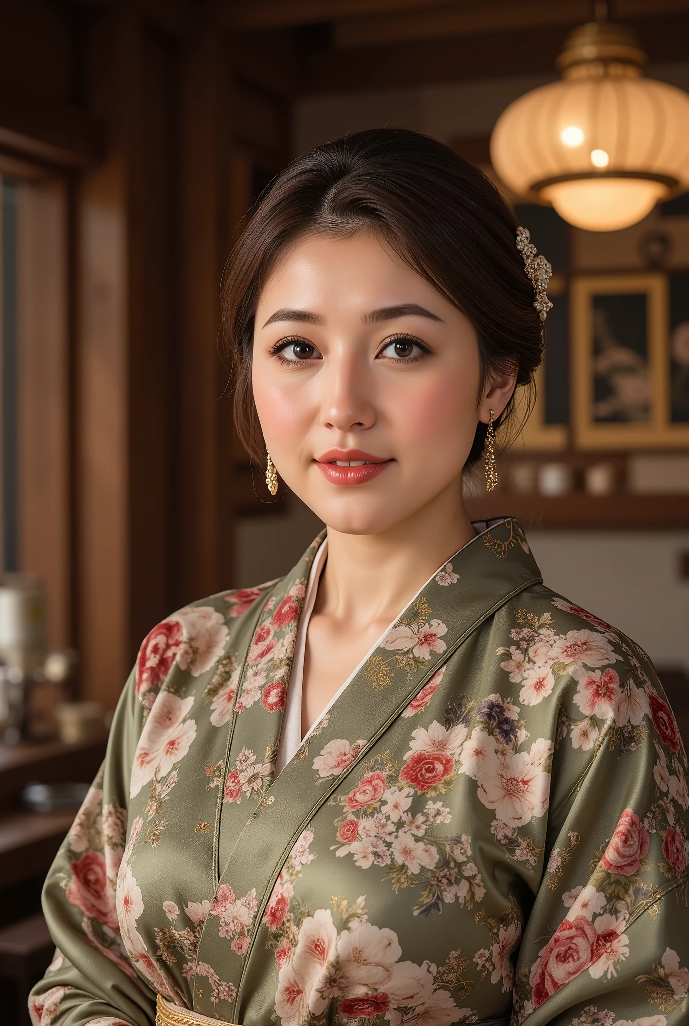 best quality, masterpiece, super high resolution, beautiful Japanese mature woman, Kind Face, green eyes, kind smile, Curvy Body, big boobs, updo brown hair, Japanese female Cloth Outfit, Japanese kimono, In Old Japanese-style Room, night:1.2,