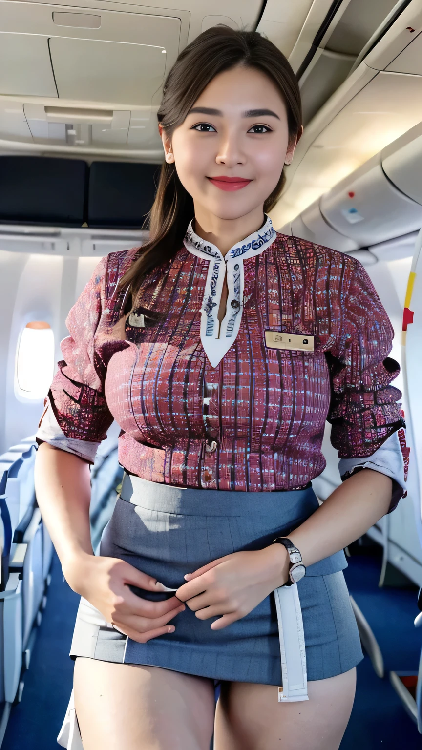 beautiful woman, 28 years、hyperdetailed face、Detailed lips、A detailed eye、double eyelid、(Smiling while walking gracefully down the aisle)、(Stewardess uniform:1.2)、((mini skirt:1.5)) (Glamorous body)、(Colossal )、（large full breasts）（big butts）（Plump body）（plump body shape）（ large full breasts）（Colossal ）((unbutton))、highs thighs thighs thighs, Perfect fit, Perfect image realism, Background with: (Business Class aisle on airplanes:1.2), Cowboy Shot, Meticulous background, detailed costume, Perfect litthing、Hyper-Realism、(Photorealsitic:1.4)、8K maximum resolution, (​masterpiece), ighly detailed, Professional