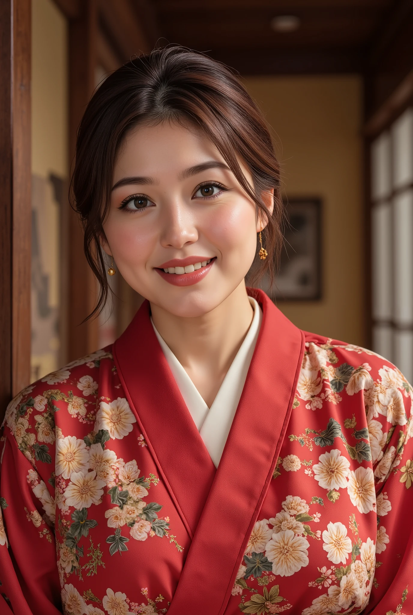 best quality, masterpiece, super high resolution, beautiful Japanese mature woman, Kind Face, green eyes, kind smile, Curvy Body, big boobs, updo brown hair, Japanese female Cloth Outfit, Japanese kimono, In Old Japanese-style Room, night:1.2,