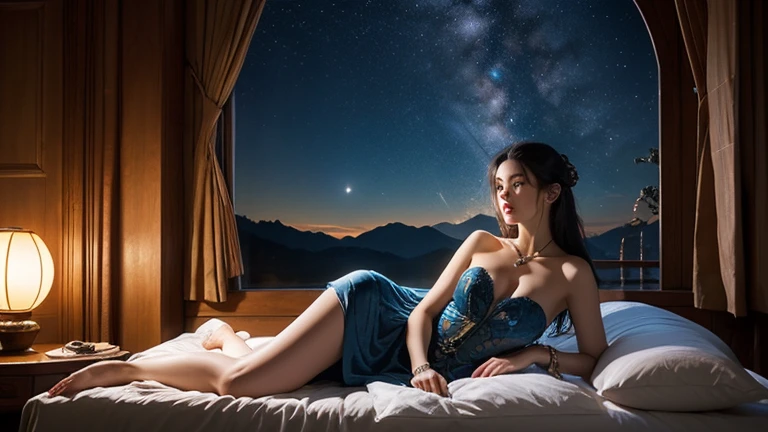 photography of a 20yo woman, perfect face, masterpiece, same face, Setting: Inside a sleek, modern space station, reclining on bed, with a large viewport revealing the breathtaking expanse of space. Stars twinkle in the distance, and a vibrant planet looms large, providing a mesmerizing backdrop. Model's Attire: The model dressed in a fusion of astronaut functionality and high-fashion elegance. Think of a for suit with metallic or reflective elements, capturing the essence of space exploration with a chic, futuristic twist. Pose: The model effortlessly floating in zero gravity, with a relaxed yet poised posture. Their hair and elements of their outfit are subtly drifting around them, creating an ethereal, weightless effect. Lighting: Soft, ambient light within the space station contrasts with the stark, brilliant light from the cosmos outside, casting an otherworldly glow on the model and highlighting the unique environment. ( naked breasts), (blue dress), lying on couch, legs spread open, dim light, smokey atmosphere