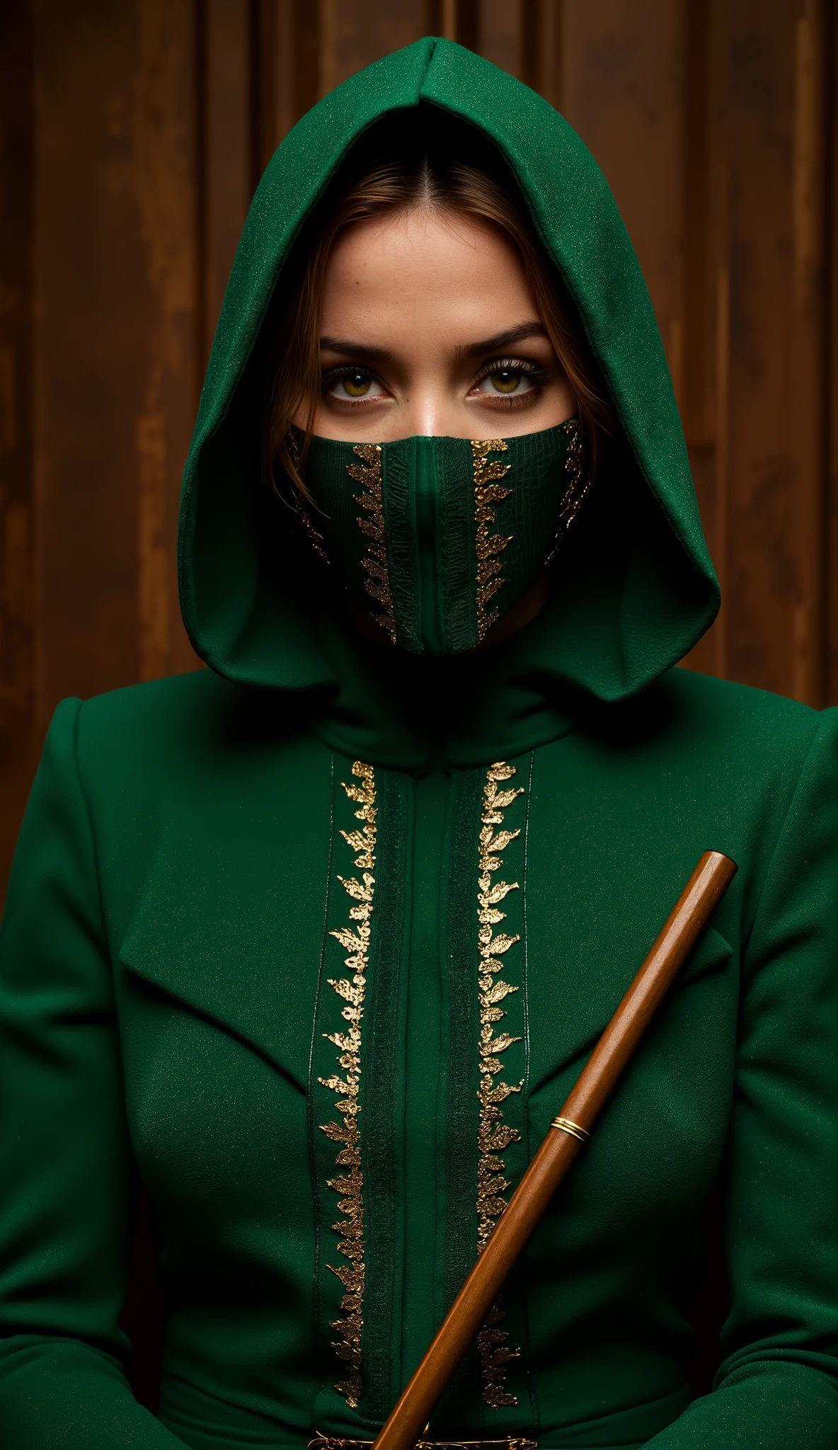 Ana de Armas takes the role of Jade in a stunning and lethal reinterpretation of Iconic assassin of *Mortal Kombat*. Wearing her emerald green costume with gold details , she exudes an aura of mystery and elegance , combining grace and strength in every movement . Her half-open mask reveals just enough of her face to highlight her intense eyes , reflecting the determination and discipline of an elite warrior .
With her iconic combat rod in her hands , Ana de Armas embodies the agility and precision of Jade , moving with the fluidity of a dancer and the lethality of a shadow . Her blows are quick and calculated , while her martial arts prowess makes her an almost untouchable opponent .
Her gaze transmits unwavering loyalty , but also strategic coolness , worthy of an assassin trained at the court of Edenia . Even in the dark , she shines like a sharp blade , ready to protect those to whom she has sworn loyalty or eliminate anyone who threatens her path .
With a touch of mystery and a captivating presence , Ana de Armas as Jade redefines the character , bringing a perfect mix of sophistication , skill and silent danger .
