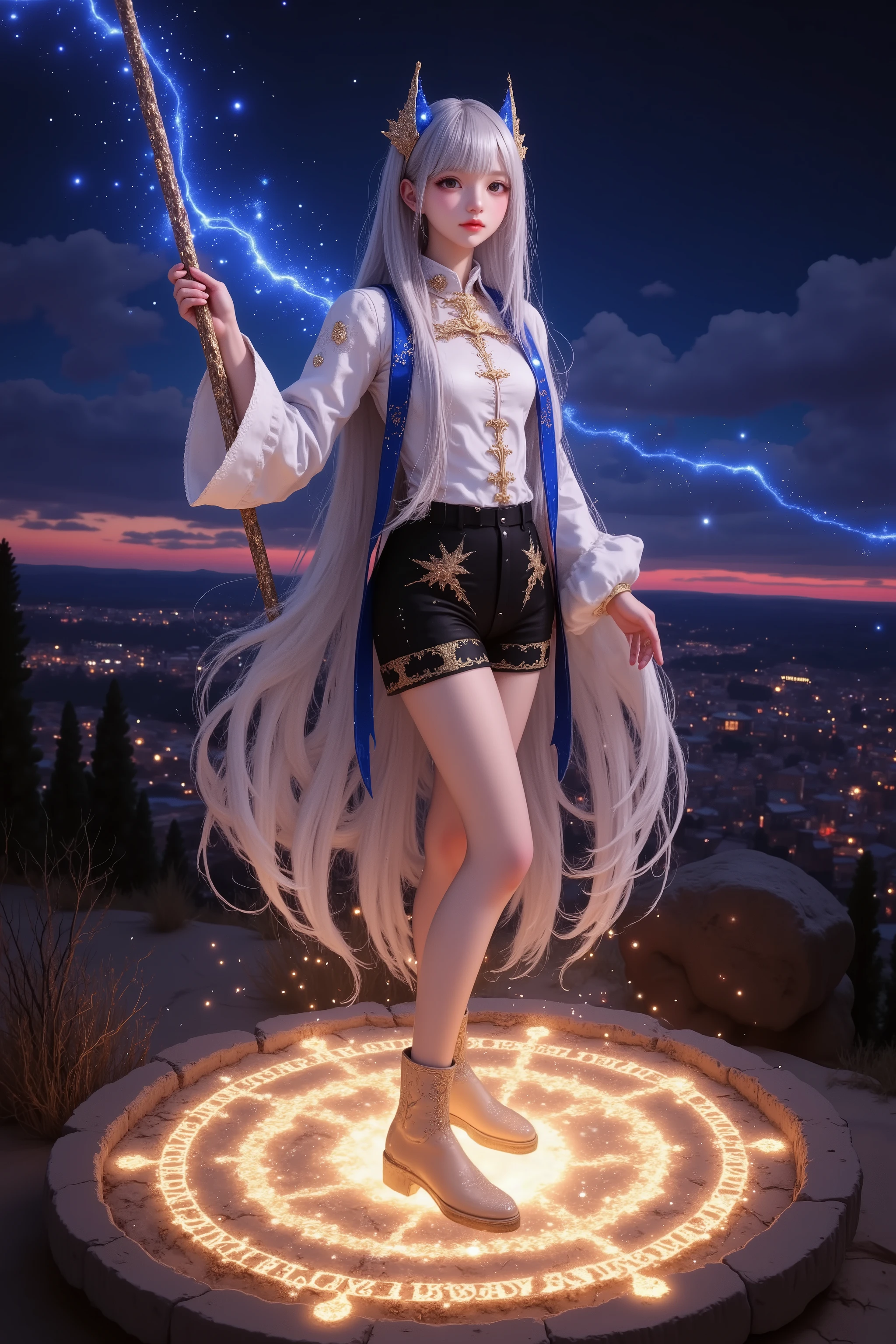 A stunning anime girl with long white and blue hair, wearing a detailed fantasy uniform with golden accents and flowing ribbons, standing confidently on a glowing golden magic circle with intricate patterns and magical inscriptions, holding a luminous staff pointed upward, surrounded by particle effects and aurora-like light streaks in a dramatic twilight sky, enhanced by starburst effects radiating from her staff, all in high resolution and detailed textures, rendered in anime style with glow effect and dynamic lighting, inspired by Makoto Shinkai's artistic vision.
