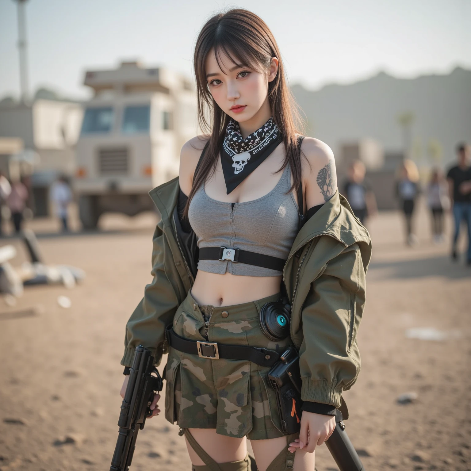 Sexy black long-haired female warrior,Armed personnel,naked,Tattered latex clothes,Bando,Full body female love,从头到foot摆好姿势,foot,big big ass,Big breasts and fat ass,very exposed,Leak point,lewd,Tattered military equipment,Firearms weapons,shooting,survive,with rifle in hands, infantry girl,Full armor,Armed lanyards,Ammo bag box hanging,fierce battle