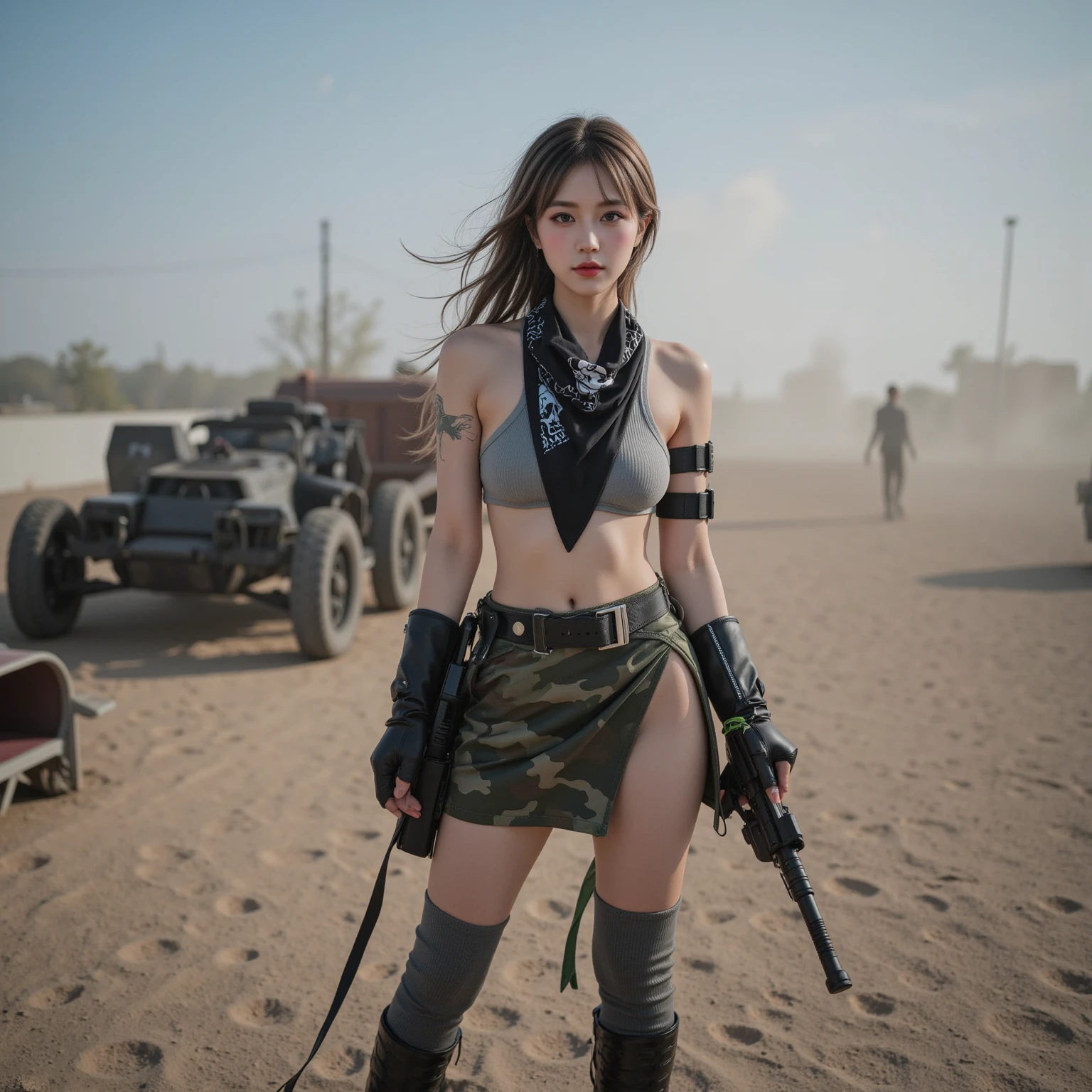 super fine illustration, ultra high resolution, masterpiece, highest quality, perfect lighting, detailed lighting, dramatic shadow, ray tracing, 1 Femail warrior, (((solo:1.5))), cute face, Big breasts, exposed cleavage, beautiful detailed hazel eyes, sharp face, clear eyes, long bang, ((medium curly hair:1.2)), blonde hair, ((post-apocalyptic fiction)), ((desert:1.2)), ((outdoor)), ((desert battle suit)), ((military harness)), world of the Mad Max, Resident Evil Series, full body, from below,