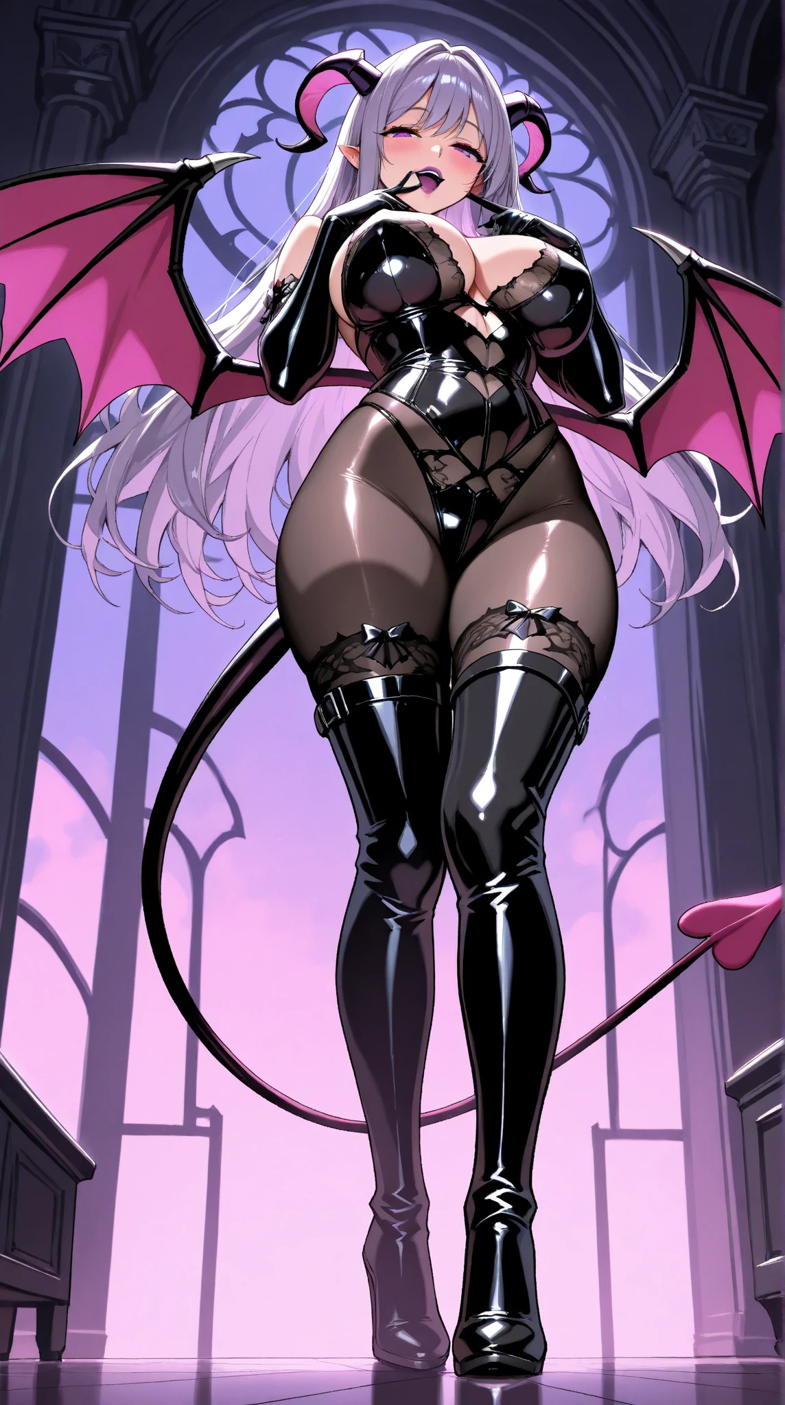 One Girl, Pink Hair, Create a Succubus. Provocative clothes and low-cut blouses. , wings and tail, Grinning, There is a mole on the corner of the eye, There is only one mole, Sweating, looking at the camera, ass pov, Fishnet tights, Long Hair, to close range, Shiny black elbow gloves,