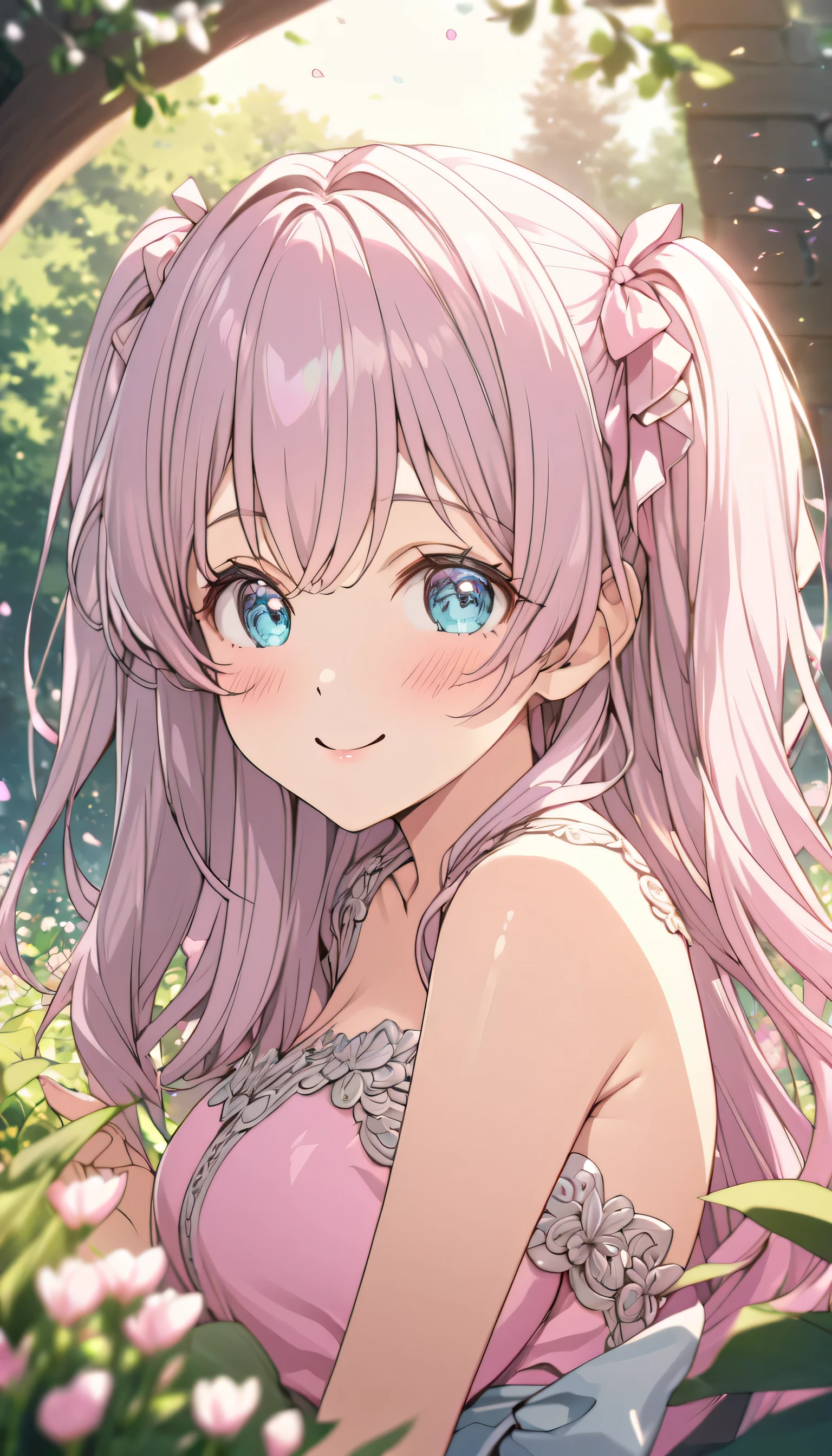 (masterpiece:1.4、top-quality、illustration:,realistic、)、(character focus、,upper body:1.3)、(1girl),(Open mouth happy smile:1.3),(),cute face,blue eyes、(tareme:1.3)、
,(leaning forward、sitt:1.4),(pink blonde hair),(very long hair:1.3)、
,(Flower Field、Flower storm:1.3),(loose dress:1.3),
(blunt bangs),(volumey,sidelocks,wavy hair:1.3), (small breasts:1.3)、
、slender、