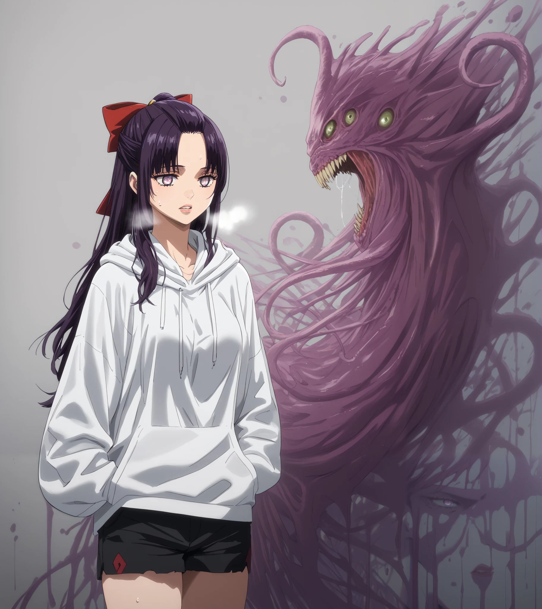 takahiro style, score_9, score_8_up, score_7_up, score_6_up, uncensored, SHIKOKU_(MATO_SEIHEI_NO_SLAVE), purple hair, purple eyes, slit pupils, long hair, hair bow, red bow, ((parted bangs)), ribbon trim, ((half updo hair)), straight hair, medium breasts, bright pupils, anime coloring, anime screencap, (voluptuous:1.3), (thick:1.3), BREAK UHD, retina, masterpiece, accurate, anatomically correct, textured skin, super detail, high details, high quality, award winning, best quality, highres, 4K, excessive sweating, sweating, sweating drop, (gasping, heavy breathing:1.3), (skindentation:1.2), perfect eyes, beautiful eyes, eyelashes, makeup, detailed body, perfect body, BREAK, (aura:1.4), hood, 1girl, hoodie, hands_in_pockets, hood_up, eldritch_abomination, teeth, cowboy_shot, monster, solo, shorts, long_sleeves, standing, grey_background, parted_lips, gradient, white_hoodie, gradient_background