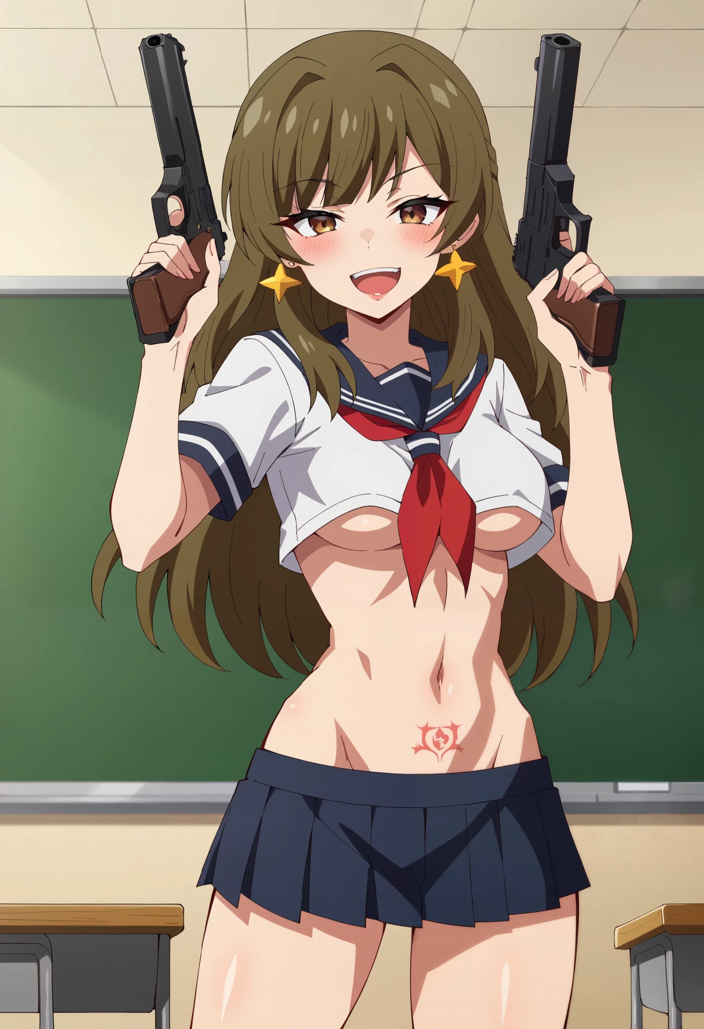 tsuya, 1girl, long hair, solo, brown hair, brown eyes, jewelry, , star earrings, medium breasts, , score_9, score_7_up,anime coloring ,source_anime, anime, , ear piercing, long hair, blush, lipstick,Hot girl, baddie, , sensual, attractive ,masterpiece, best quality, highly detailed, a anime girls in sailor uniforms with a gun posing for a picture,
evil smile, smile, open mouth,black_serafuku, ecchi anime style, anime girls , (nsfw) not safe for work,
ecchi style, ecchi, shipgirls, digital anime art!!, high school girls, holding a gun, hold a gun, anime style 4
k, micro skirt, exposed belly, exposed navel, exposed midriff, holding pistol,underboob,
exposed lower belly,school, classroom, dragon tattoo, narrowed eyes, tattoo midriff,