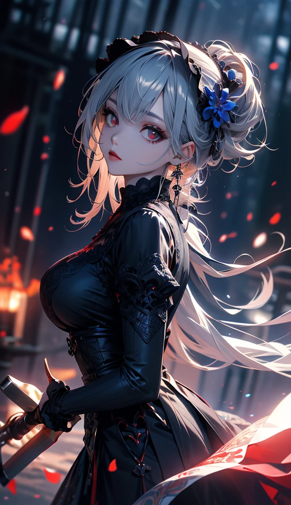 ,Heterochromia iridis,,(Left and right split themes:1.0),No gaps,Heterochromia iridis,((Two Tone Hair:1.2)),(Chiaroscuro:1.2),(On the left are black hair and red eyes,On the right are white hair and blue eyes:1.2),