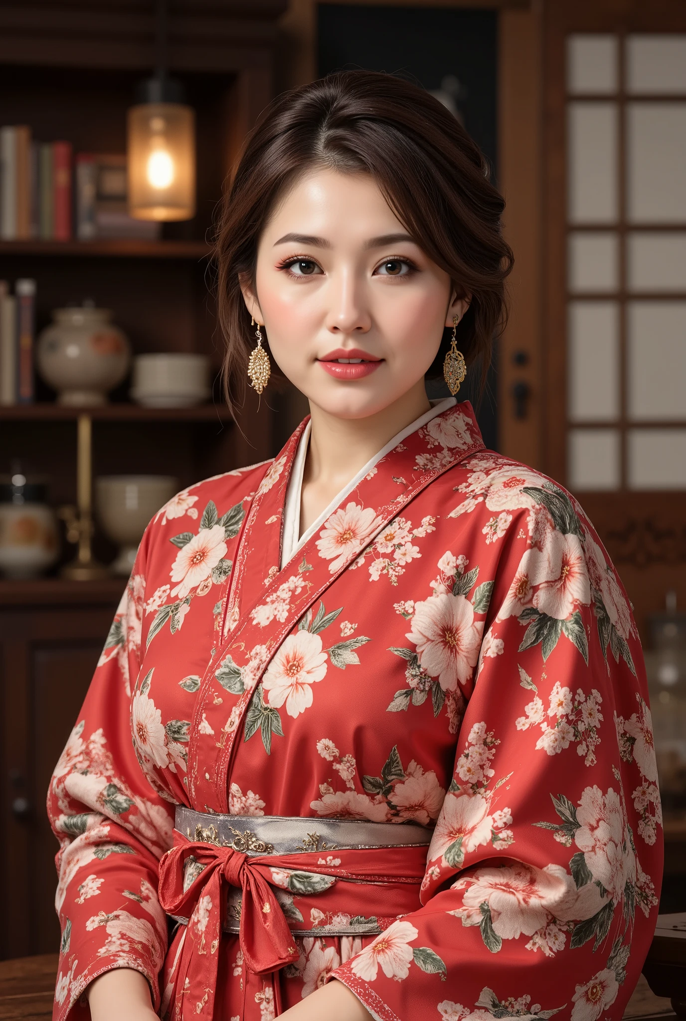 best quality, masterpiece, super high resolution, beautiful Japanese mature woman, Kind Face, green eyes, kind smile, Curvy Body, big boobs, updo brown hair, Japanese female Cloth Outfit, Japanese kimono, In Old Japanese-style Room, night:1.2,