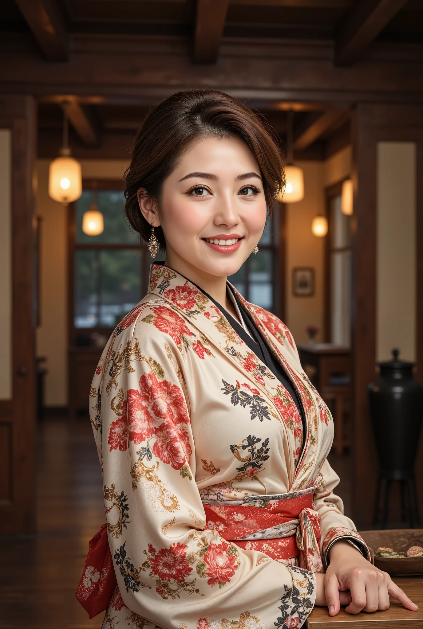 best quality, masterpiece, super high resolution, beautiful Japanese mature woman, Kind Face, green eyes, kind smile, Curvy Body, big boobs, updo brown hair, Japanese female Cloth Outfit, Japanese kimono, In Old Japanese-style Room, night:1.2,