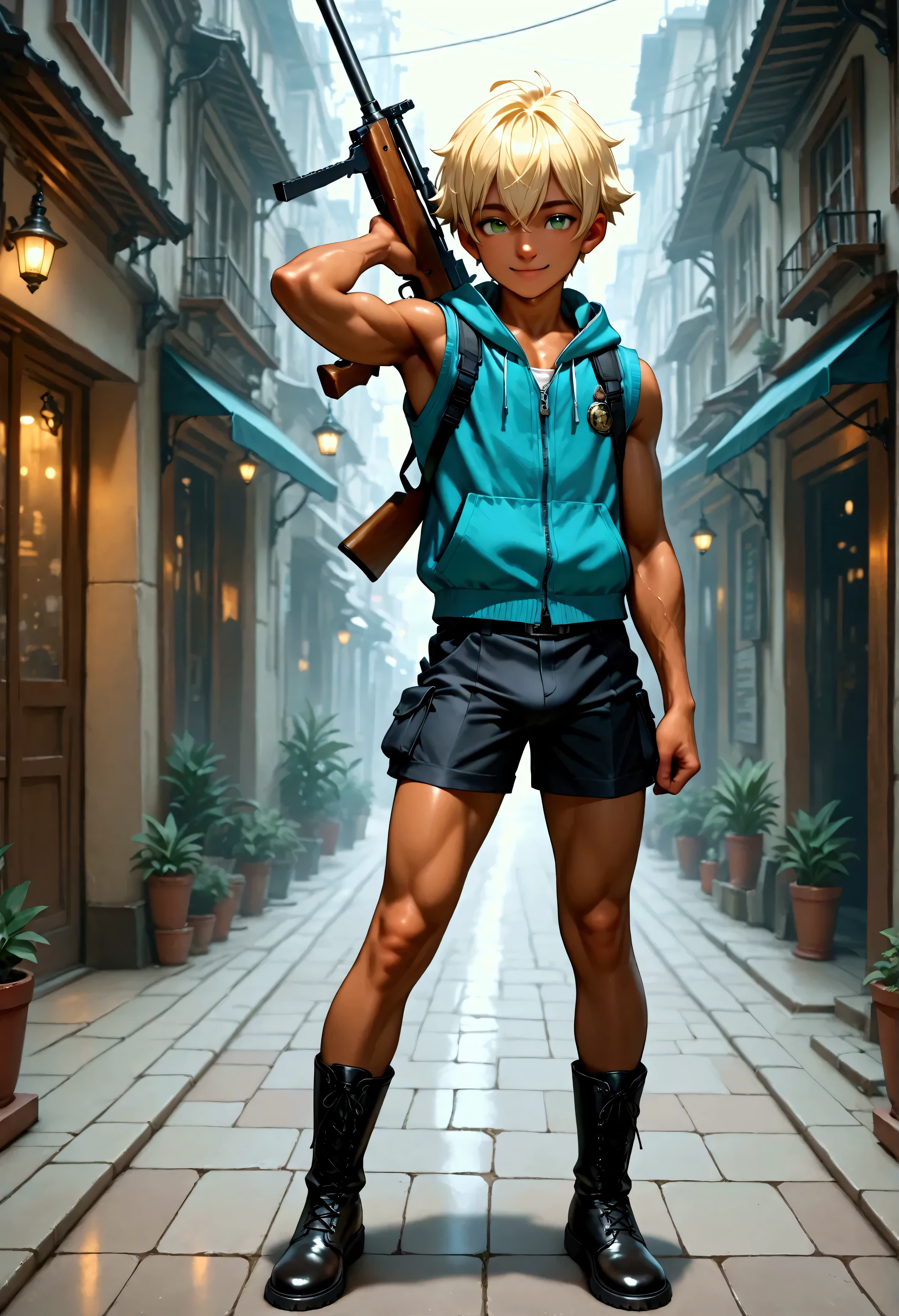 1boy, shota, muscular, dark copper tan skin, solo, yellow hair, short hair, short white sleeveless jacket with pocket, black tight underwear, body belt, short pants, green eyes, cyberpunked rifle on back, city street, lower buildings, standing on the street, smile, masterpiece, best quality, cinematic lighting, black lace up boots, focus on body