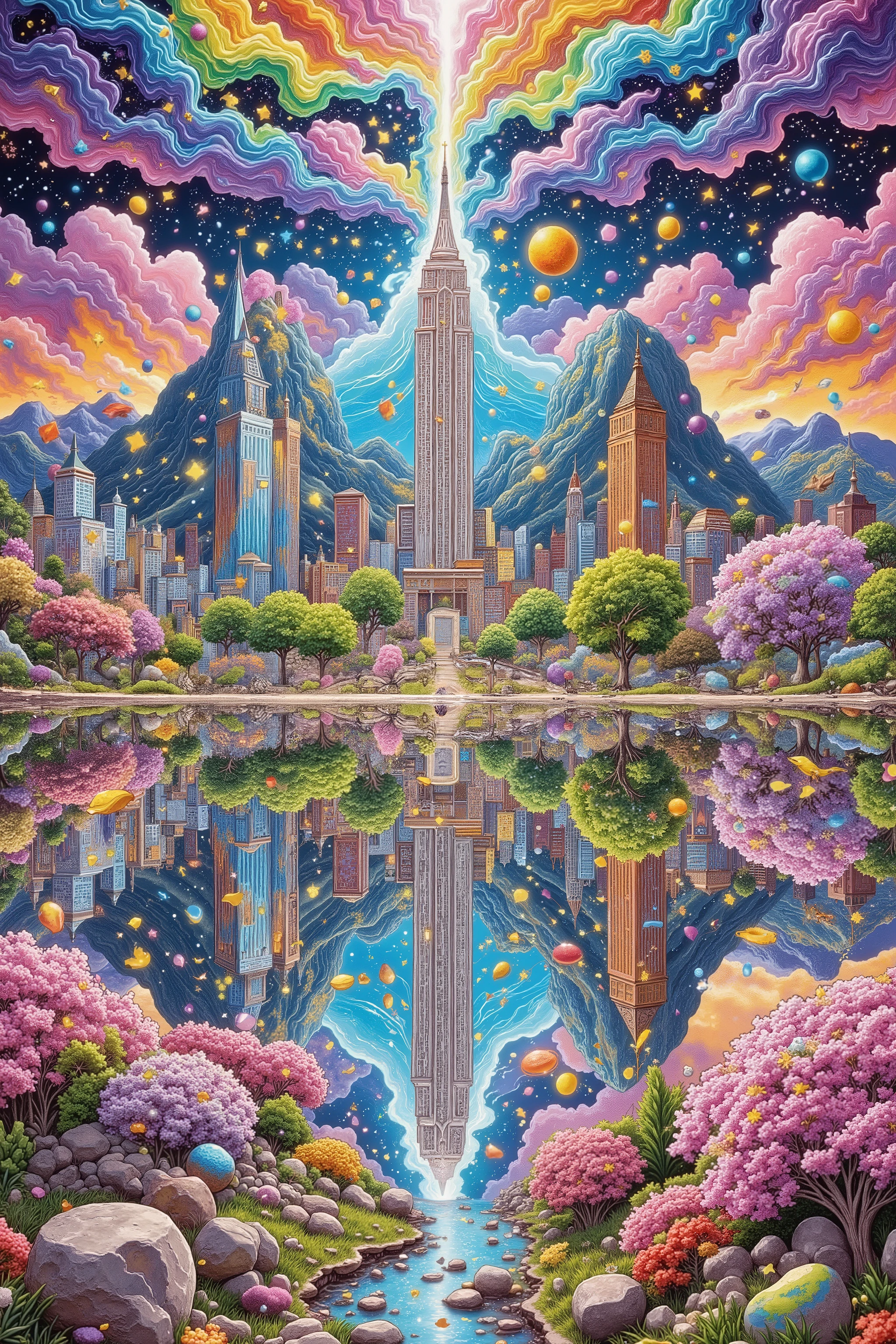 Masterpiece, very detailed, ultra high resolution,16k, wallpaper, installation art ,To a big lake、 kaleidoscopic geometric pattern in the mirrored room、 with mountains towering in the background 、Absurd art