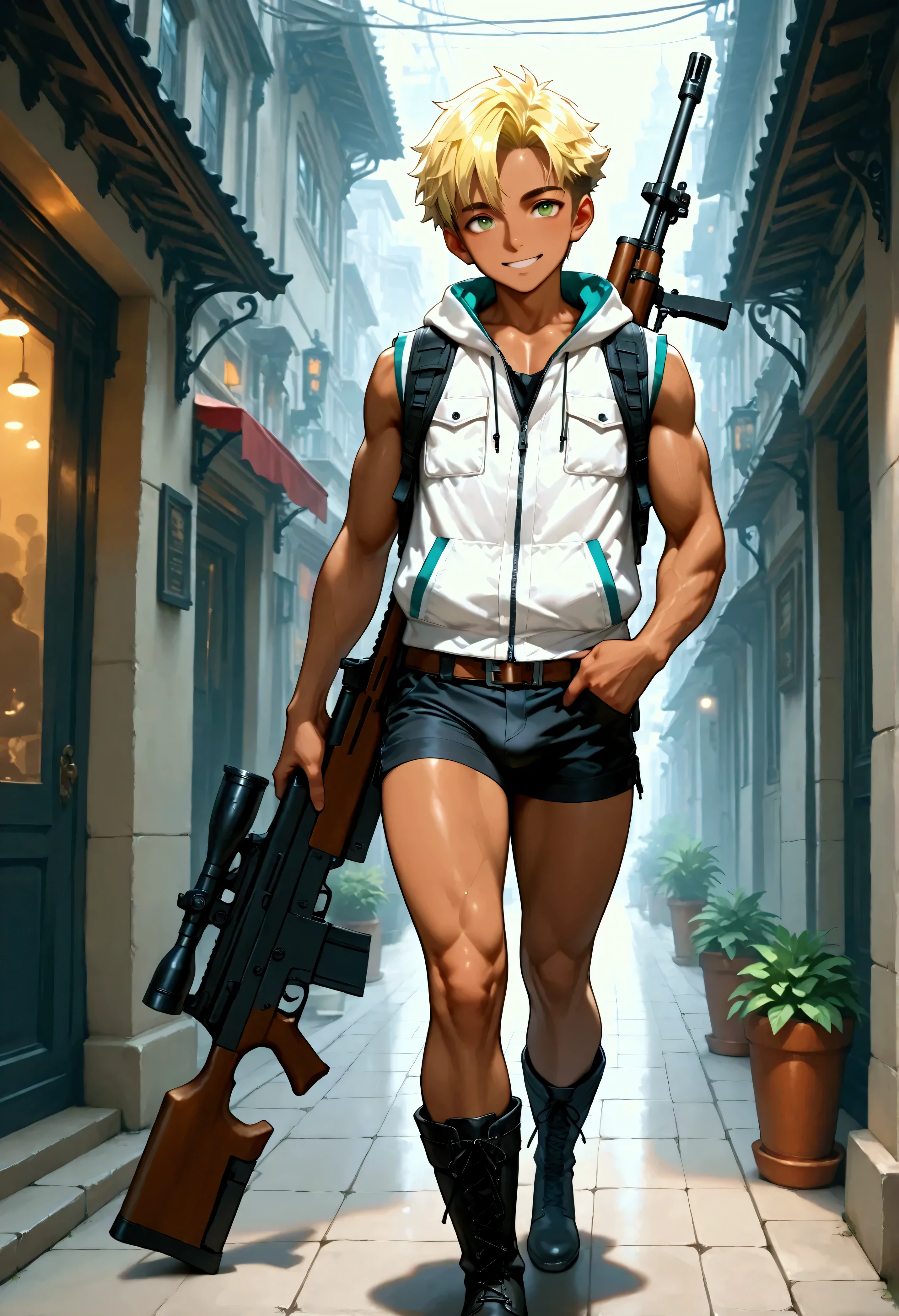 1boy, shota, muscular, dark copper tan skin, solo, yellow hair, short hair, short white sleeveless jacket with pocket, black tight underwear, body belt, short pants, green eyes, cyberpunked rifle on back, city street, lower buildings, standing on the street, smile, masterpiece, best quality, cinematic lighting, black lace up boots, focus on body