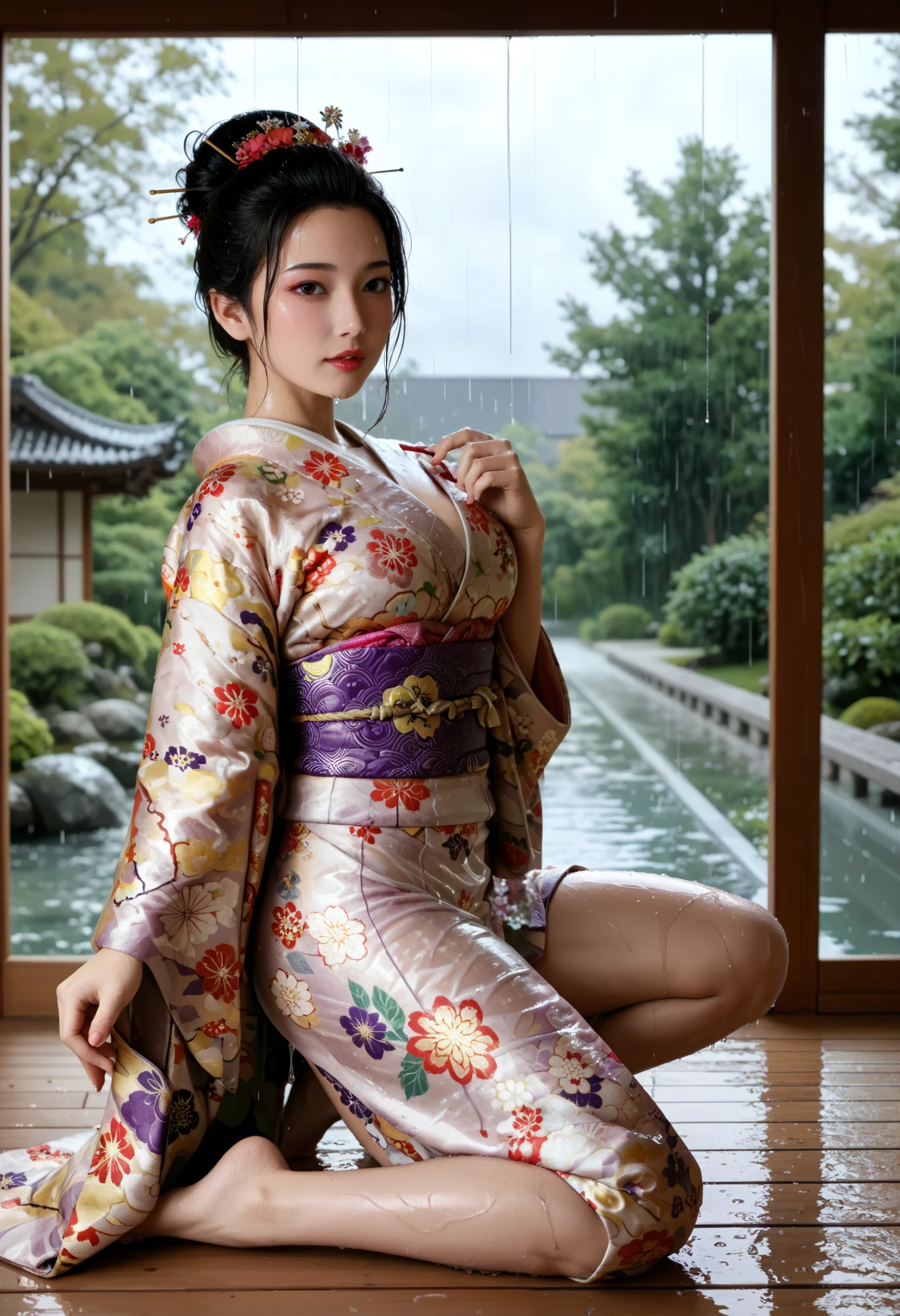  BEST QUALITY 、 high quality 、 highest resolution、 high resolution、8K quality、  Masterpiece 、 movie-like images、 Immersive Footage 、 Very realistic looking image 、 realistic image 、  Images reproduced in detail down to the smallest detail 、Detailed and realistic human body、Detailed and realistic human skin、 Detailed and realistic face、Detailed and realistic eyes、 Realistic lips drawn in detail 、 detailed and realistic teeth、Realistic ears、 Realistic hair 、(( Japanese model))､(( adult women))、((Mature Woman))、((Adult face))、(( black hair))、((Big Breasts))、(( slim, perfectly mature body ))、((Full body glossy skin))､((Traditional Japanese Garden))、((Rain clouds spreading across the sky))、((Heavy rain weather))､(( downpour))、((Stormy wind and rain))、((( see through. floral kimono)))、(((Transparent Vinyl. floral kimono)))､((( downpourの中でリラックス( beautiful posture)))、(((Drenched and wet skin all over )))、((Rain dripping from wet kimono ))、(((Her skin is clearly visible from under her wet kimono)))､((( raise one leg. Sexy Poses)))､(( subject close-up))